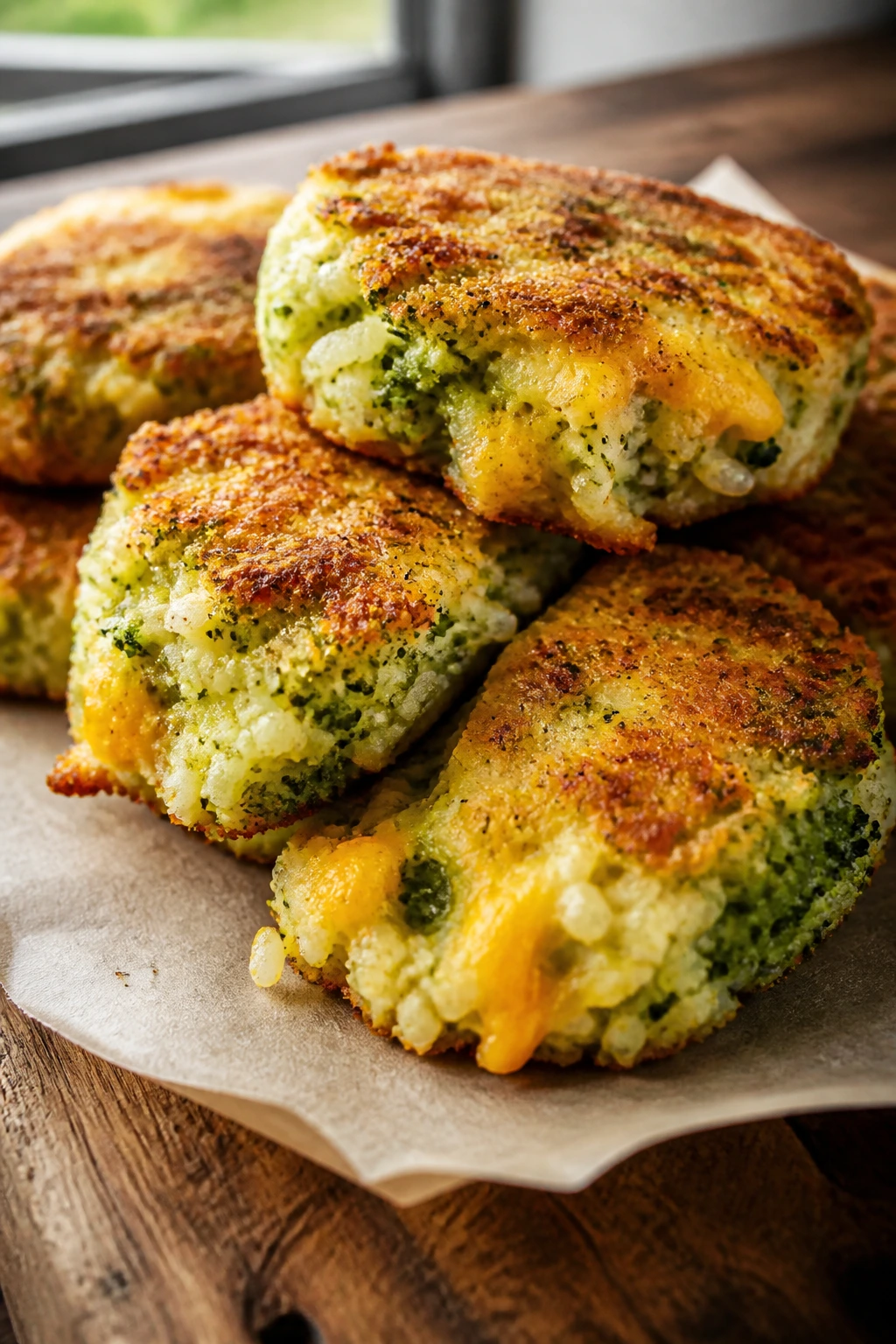 Close-up of broccoli rice veggie nuggets on parchment in warm kitchen