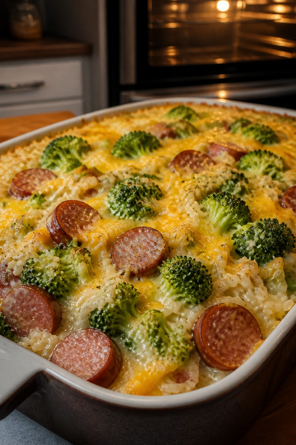 Close-up of cheesy broccoli rice casserole with smoked sausage.