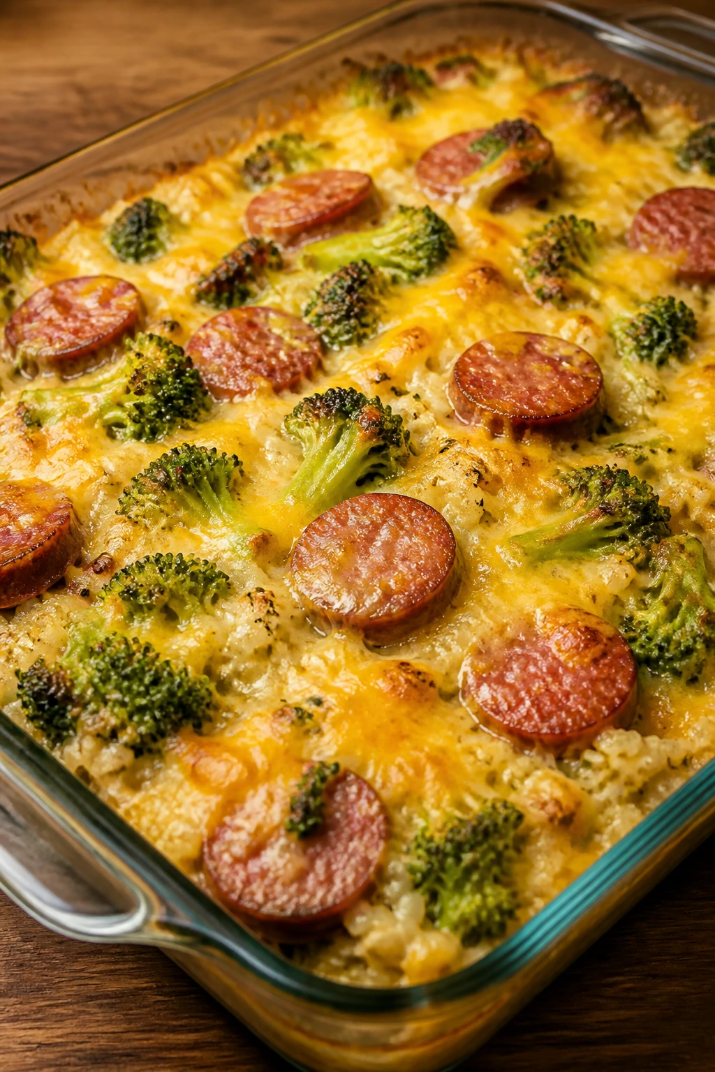 Cheesy broccoli, rice, and smoked sausage casserole in a baking dish
