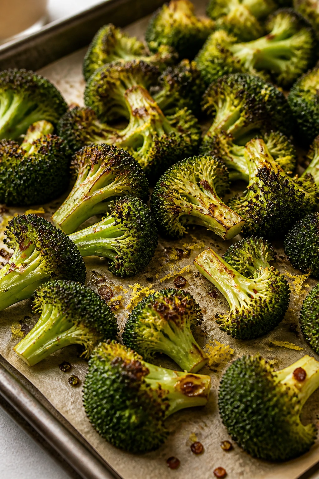 Close-up of lemon-chili roasted broccoli florets on a baking sheet with warm kitchen lighting