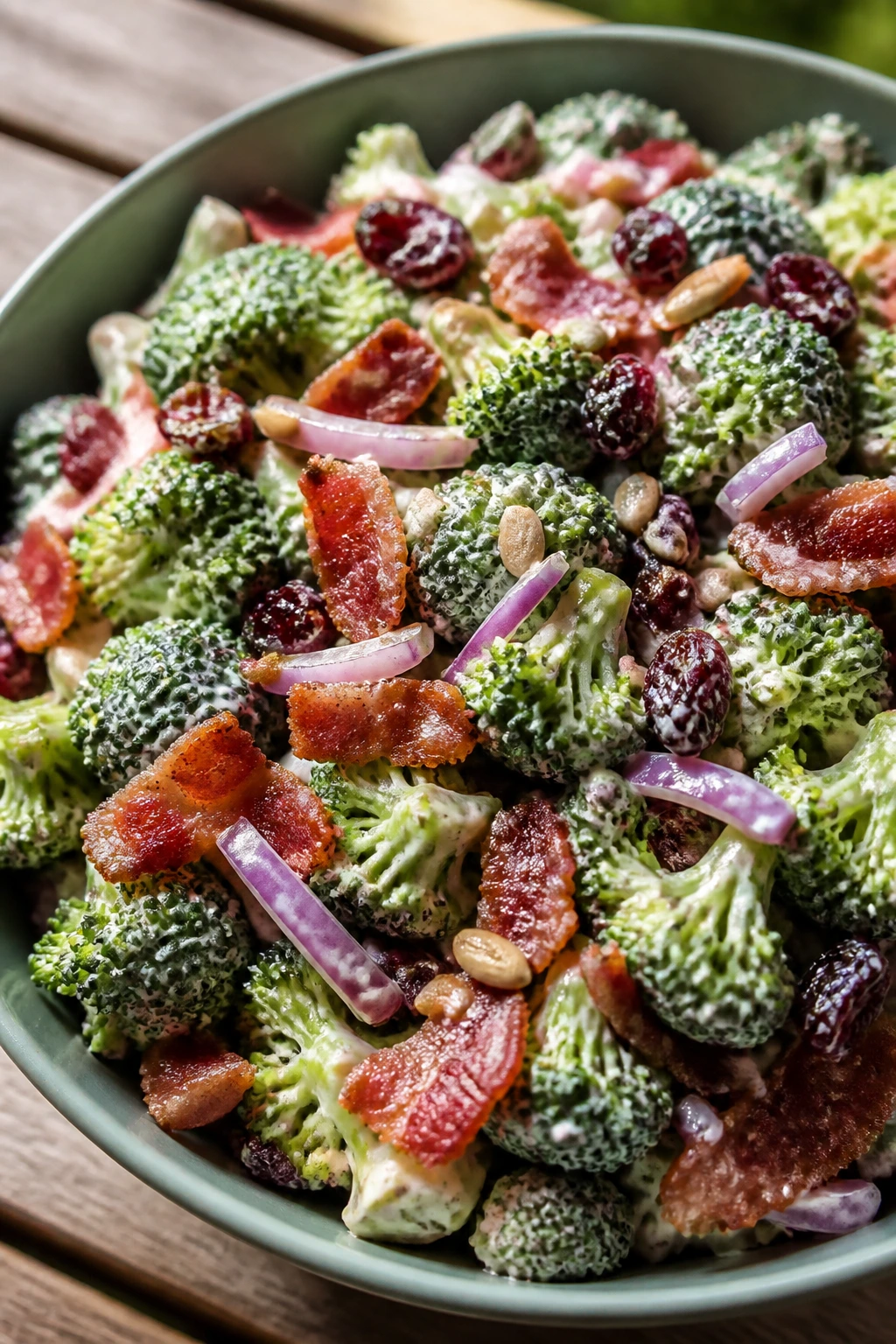 Close-up of broccoli salad with bacon and cranberries in a bowl