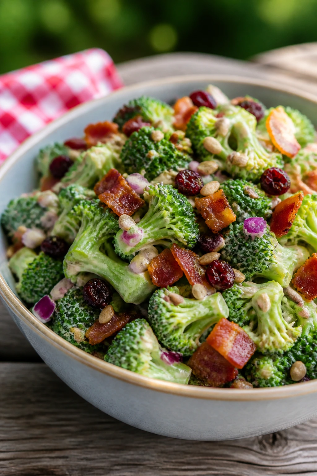 Broccoli salad with bacon and sunflower seeds close-up