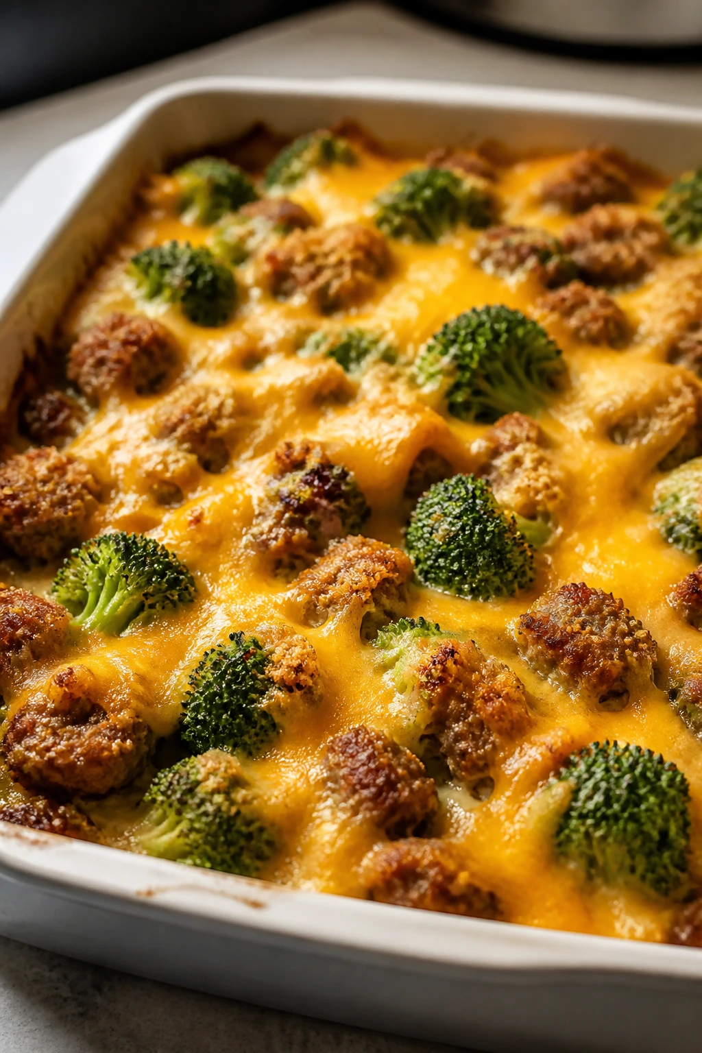 Bubbling broccoli cheddar sausage bake in a baking dish