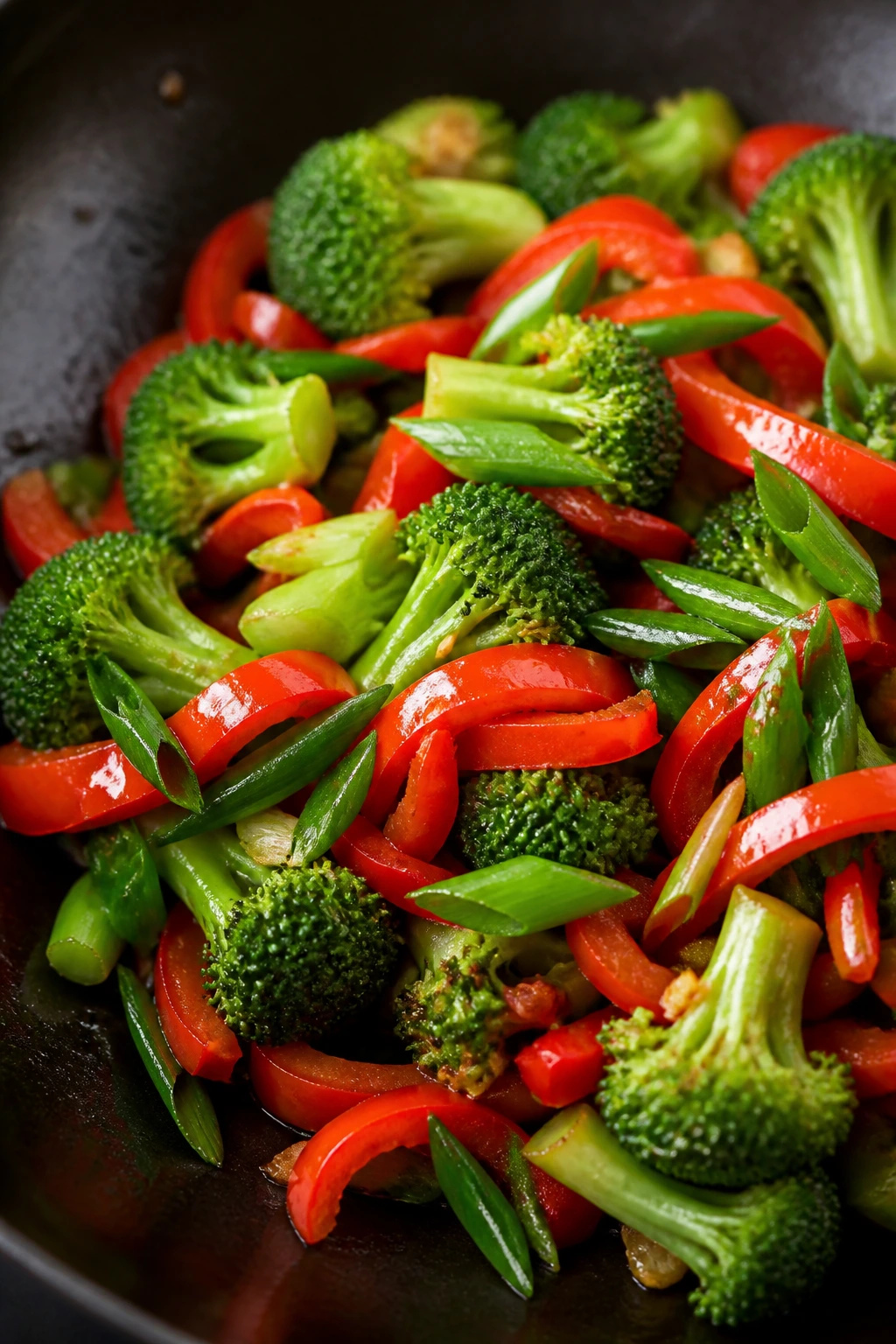 Crisp broccoli, bell pepper, and scallions in a hot pan