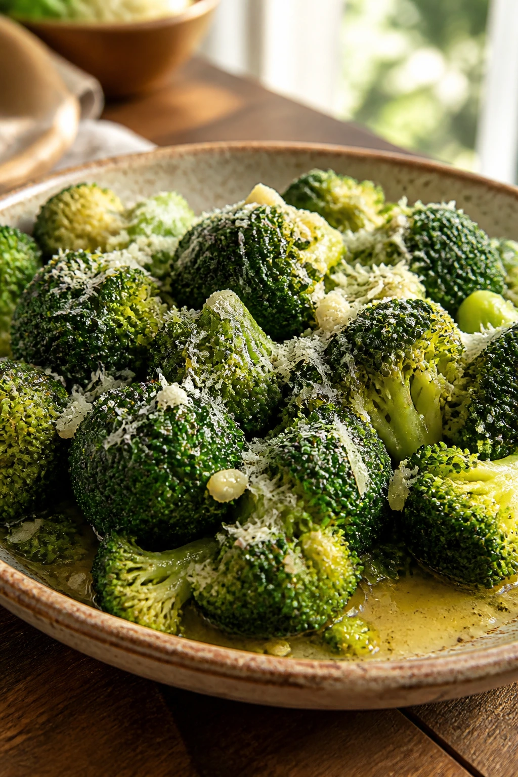 Close-up of broccoli with garlicky butter in a warm serving bowl, fresh and vibrant