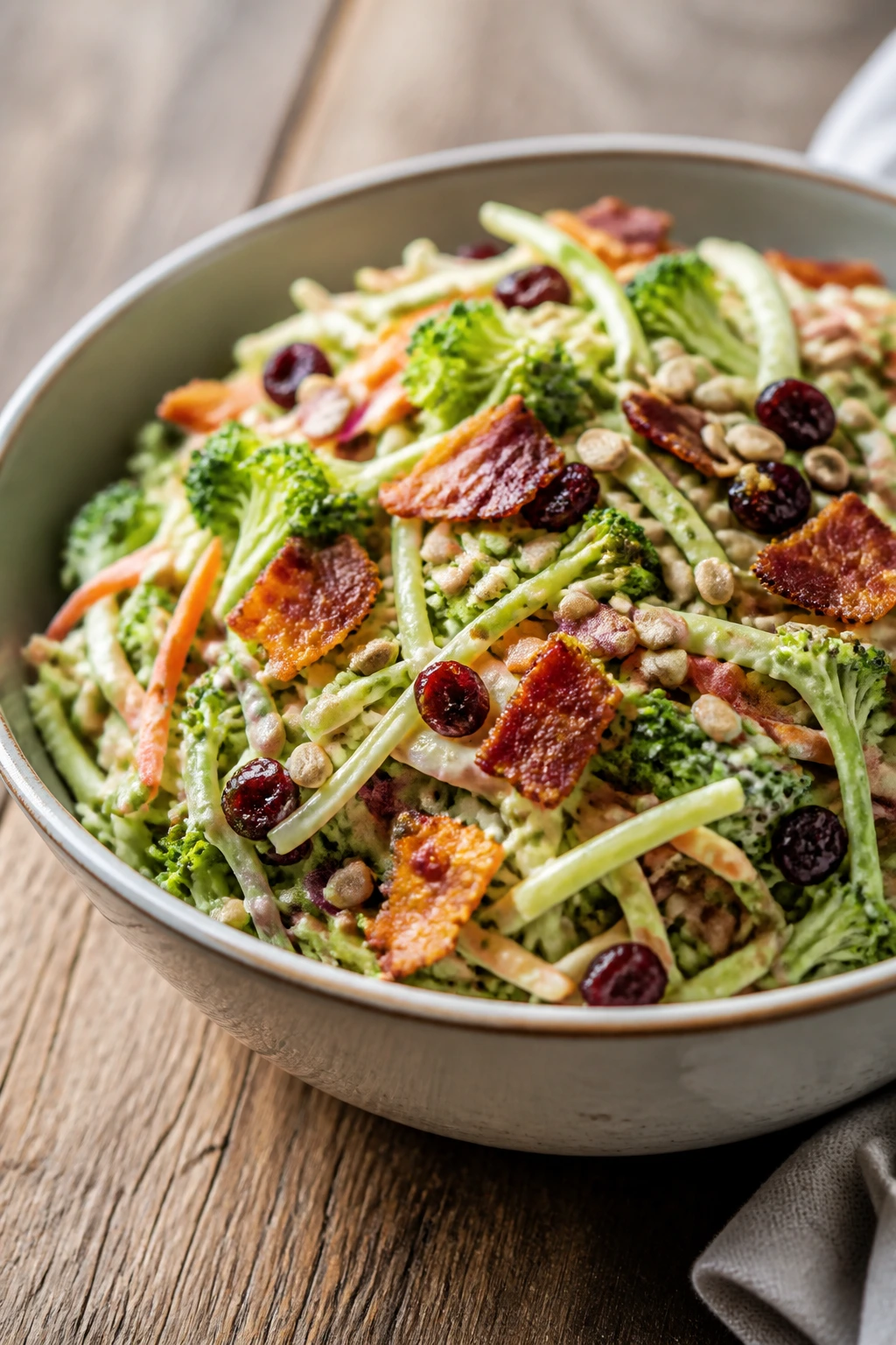 Close-up of Broccoli Slaw with Bacon and Sunflower Seeds in a bowl