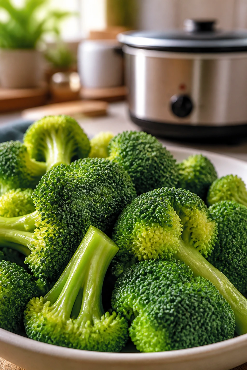 Close-up of broccoli crown with slow cooker in cozy kitchen background