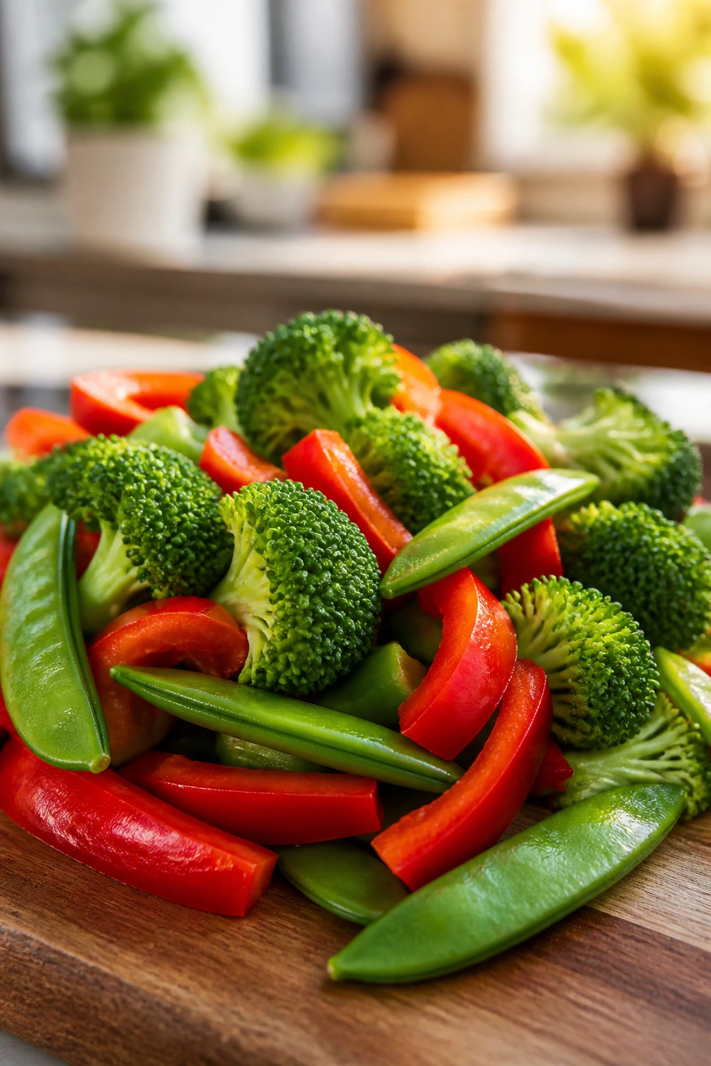 Crisp broccoli, snap peas, and peppers on cutting board