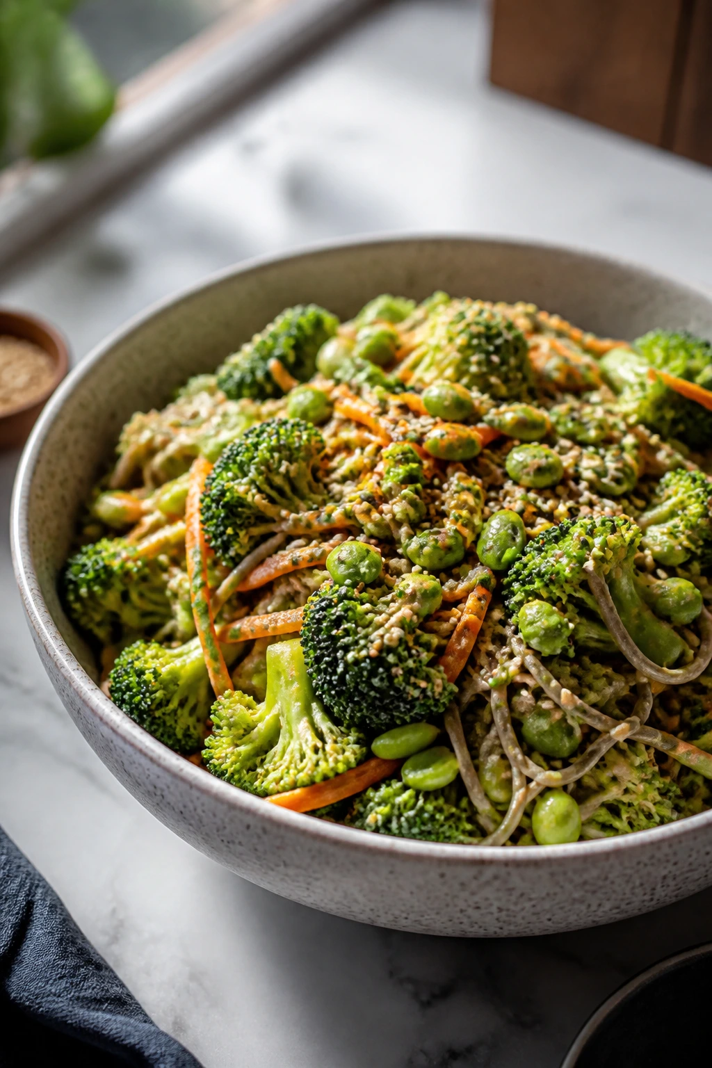 Miso sesame broccoli salad with soba in a bowl