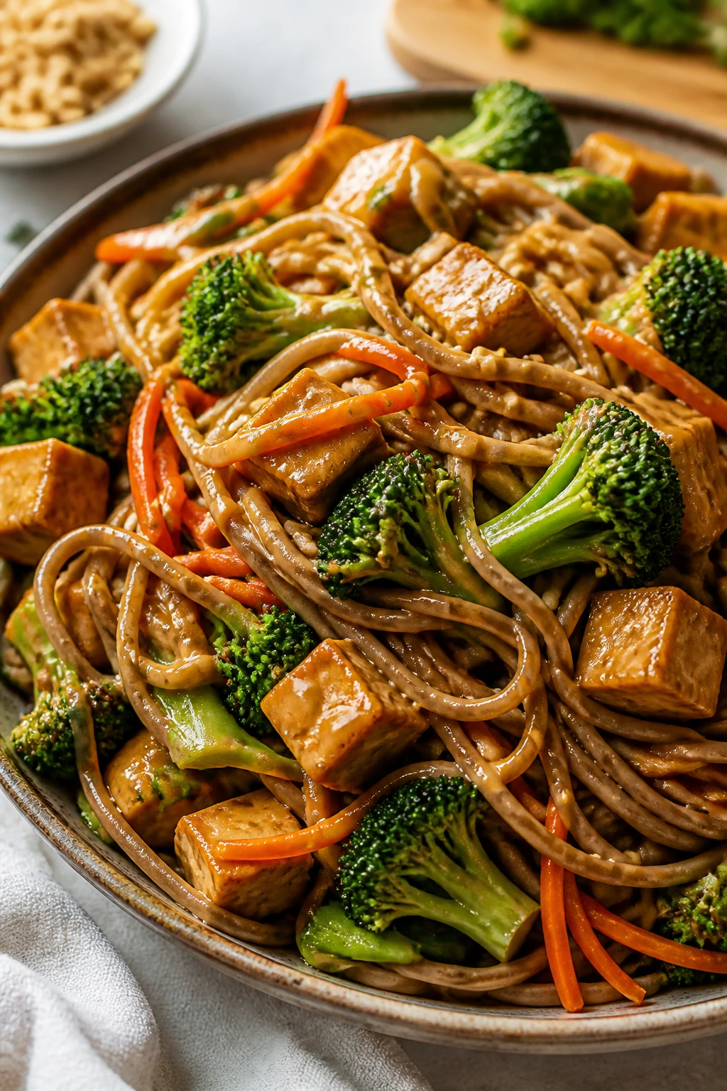 Close-up of broccoli soba salad with tofu in a bowl