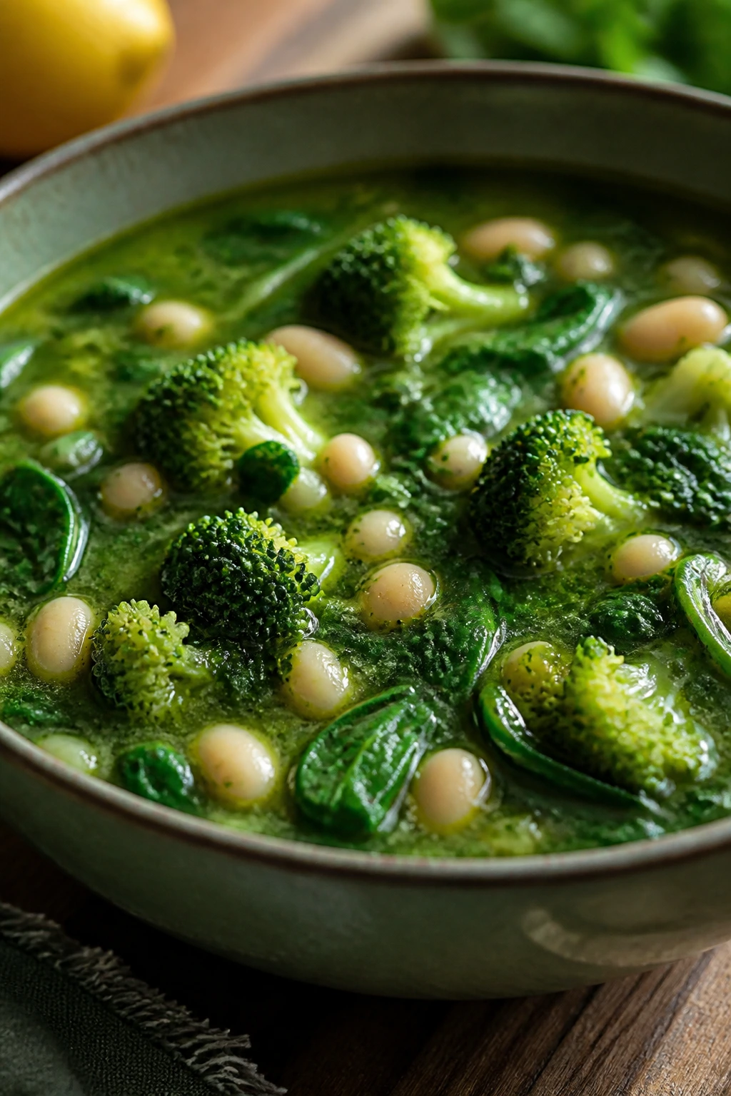 Close-up of Broccoli Spinach Bean Soup with broccoli, spinach, and beans in a green broth