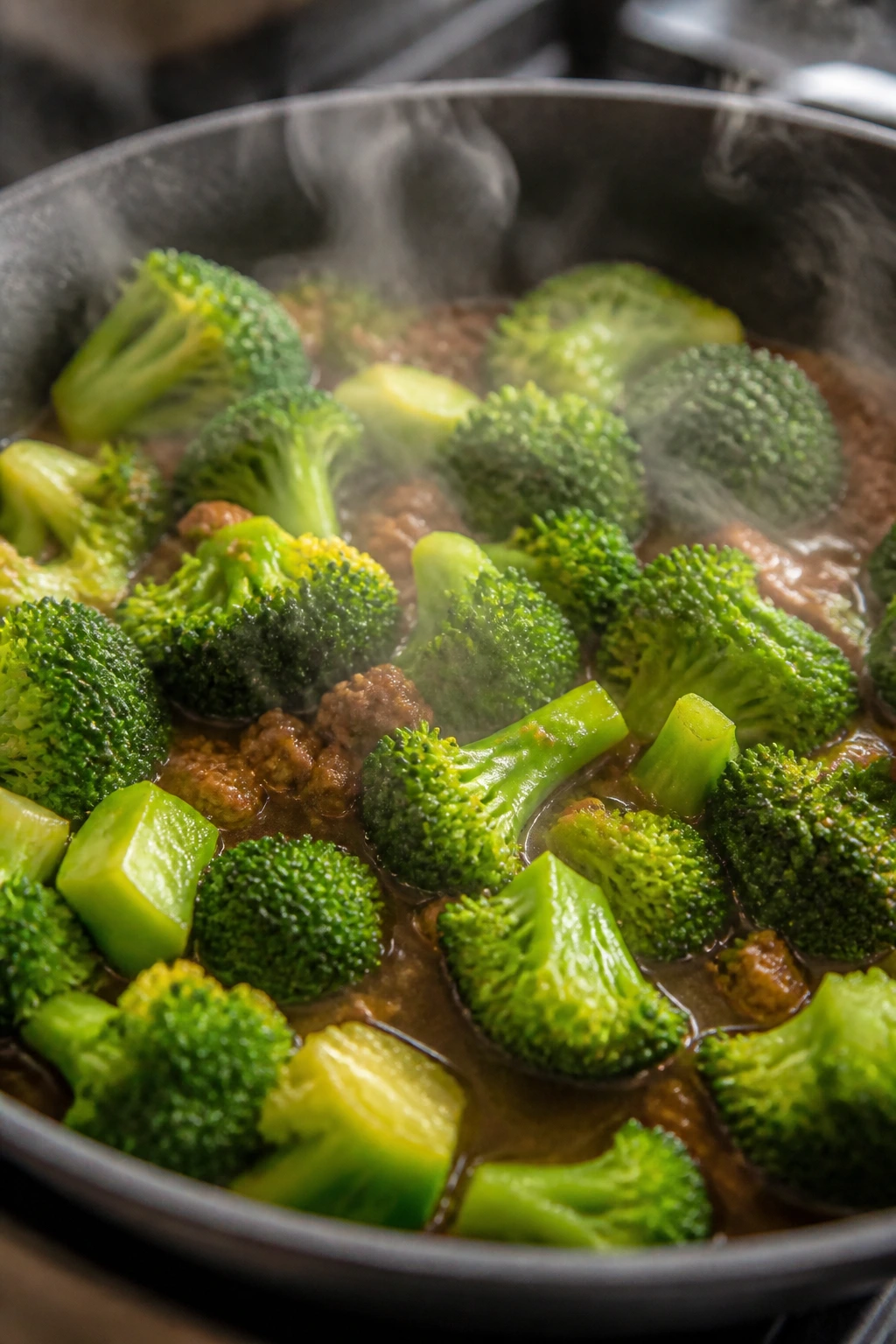 Bright broccoli florets steaming in a pan with a glossy sauce nearby.