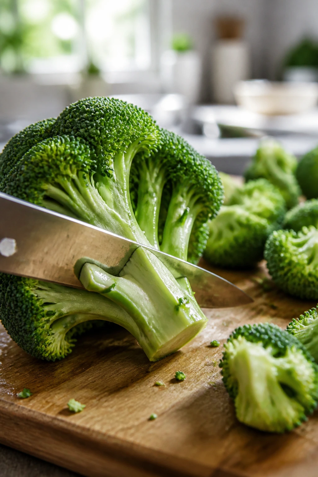 Broccoli florets being trimmed on a cutting board in a kitchen