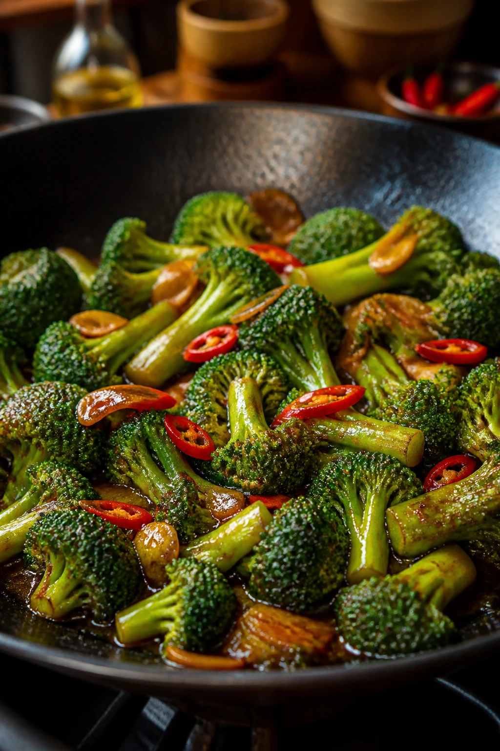 Close-up of glossy broccoli florets in sauce filling the frame