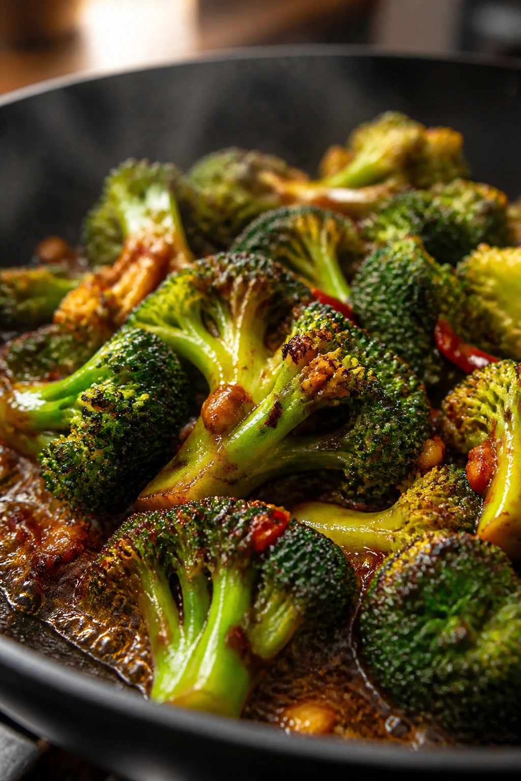 Close-up of blistered broccoli florets in glossy spicy sauce on a hot skillet