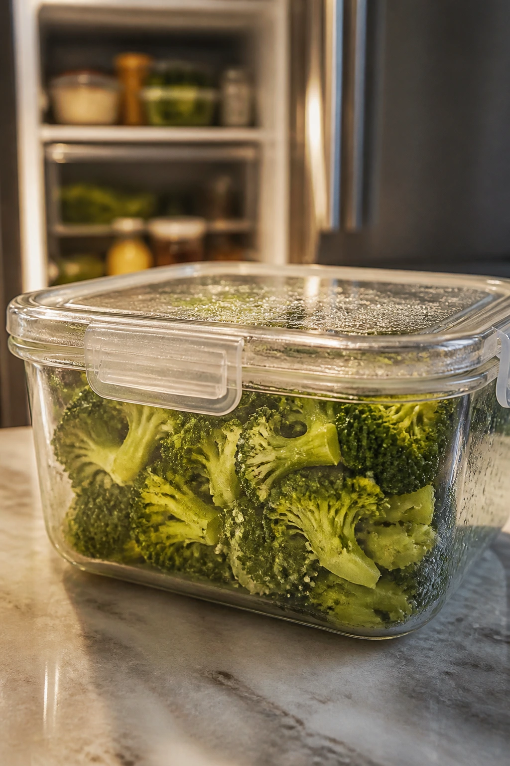 Airtight container of cooked broccoli for storage