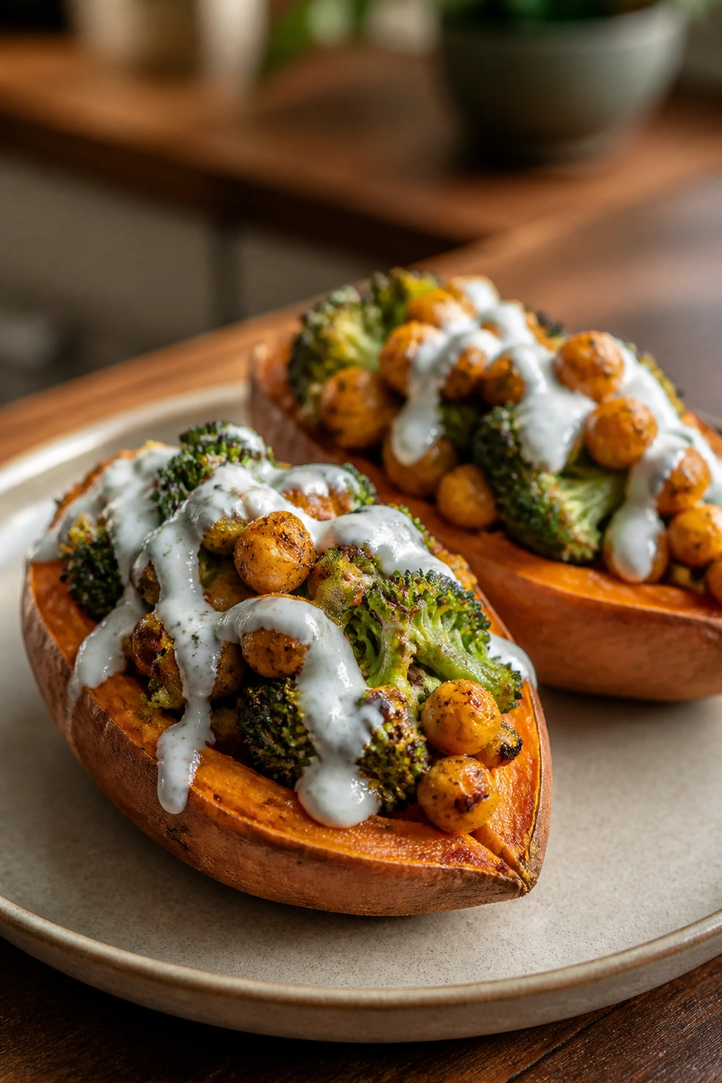 Stuffed sweet potatoes with broccoli and chickpeas in a cozy kitchen