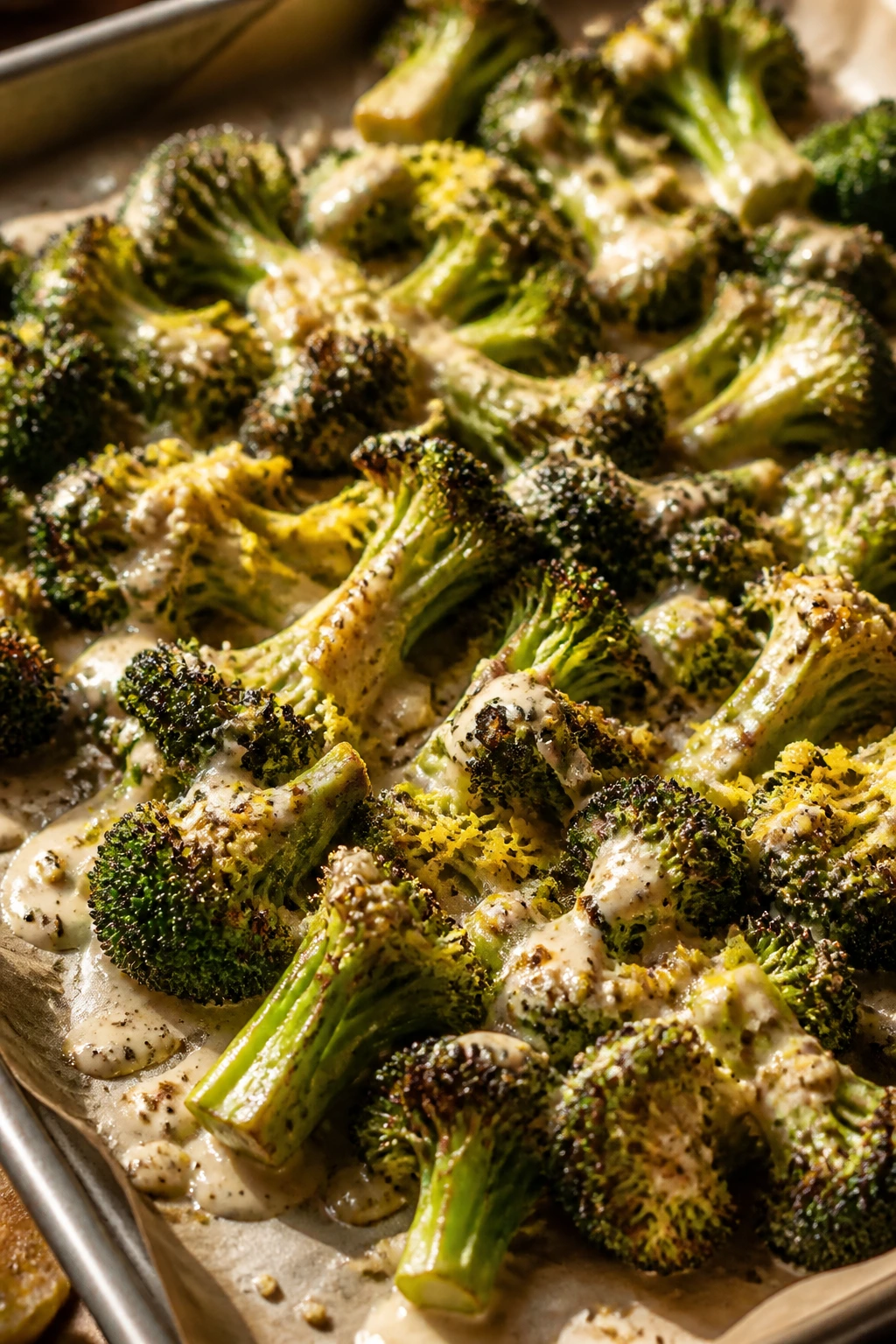 Close-up of broccoli with tahini lemon drizzle on parchment
