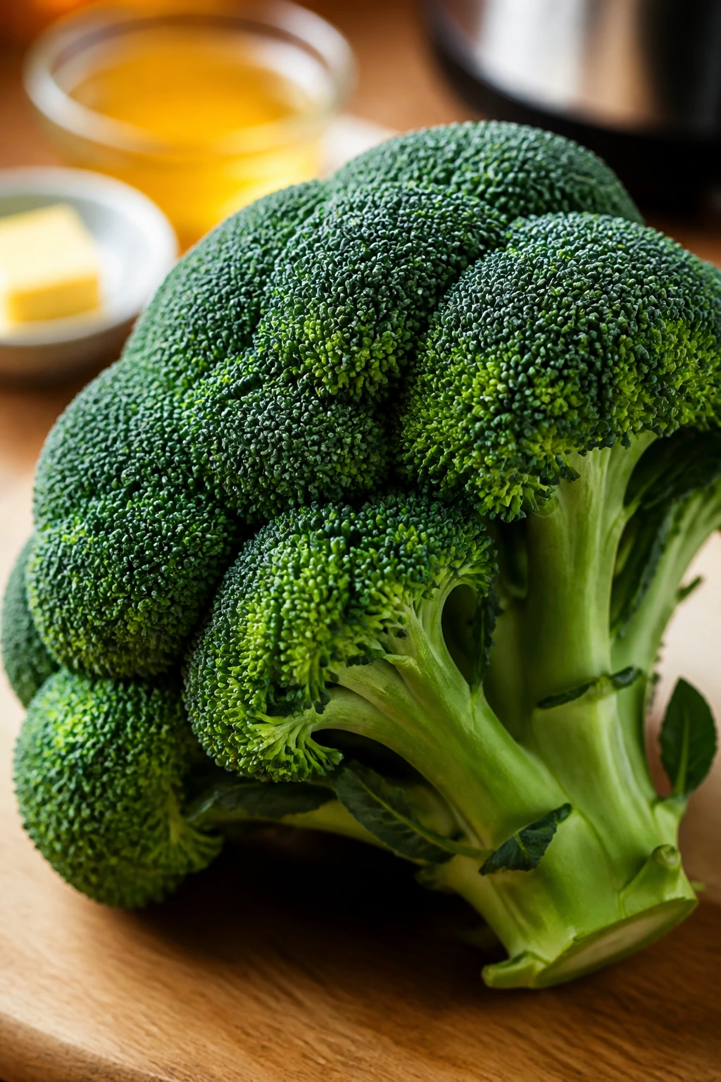 Single bright broccoli crown dominating frame with subtle kitchen background