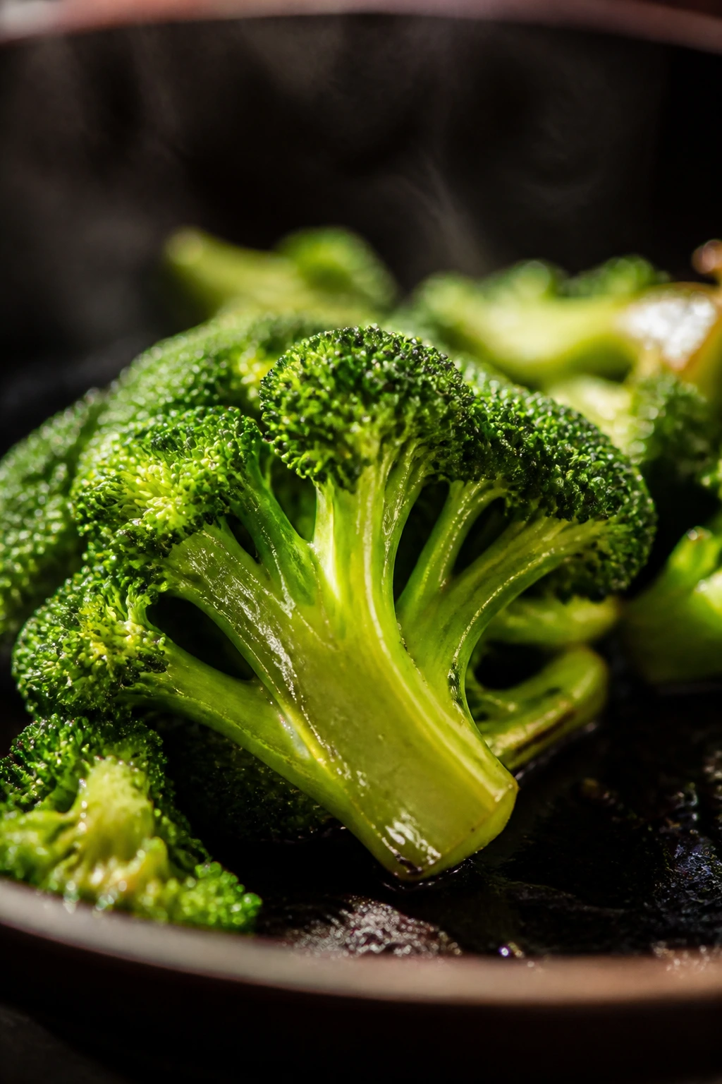 Close-up broccoli crown with crisp texture in a pan.