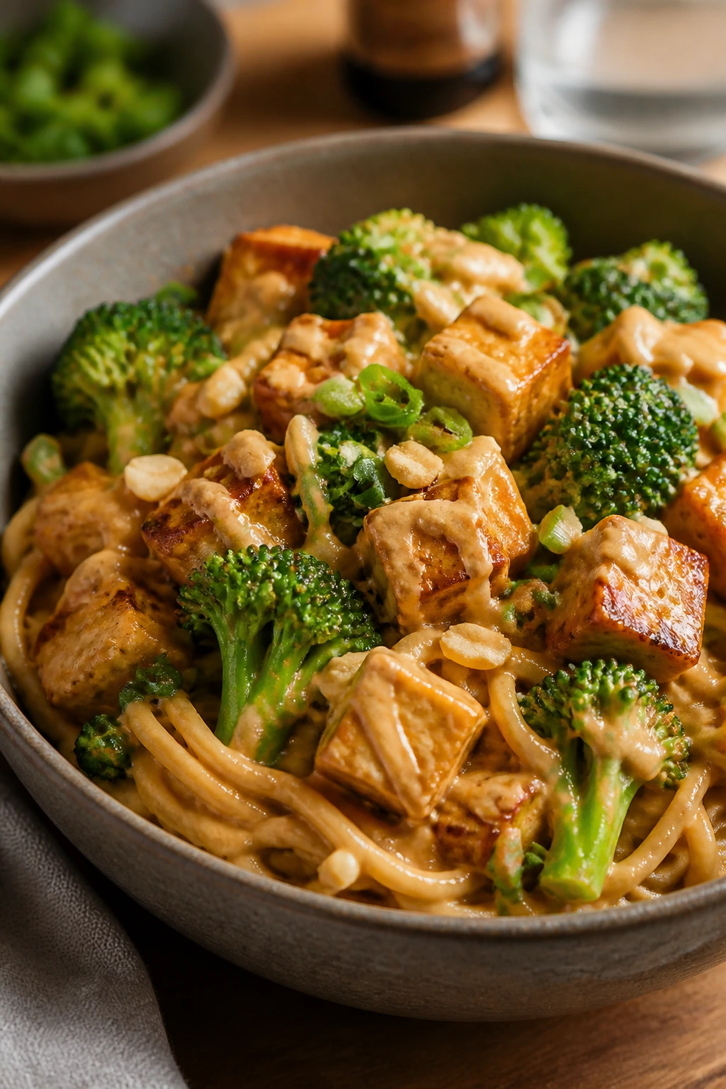 Noodle bowl with broccoli, tofu, and peanut sauce