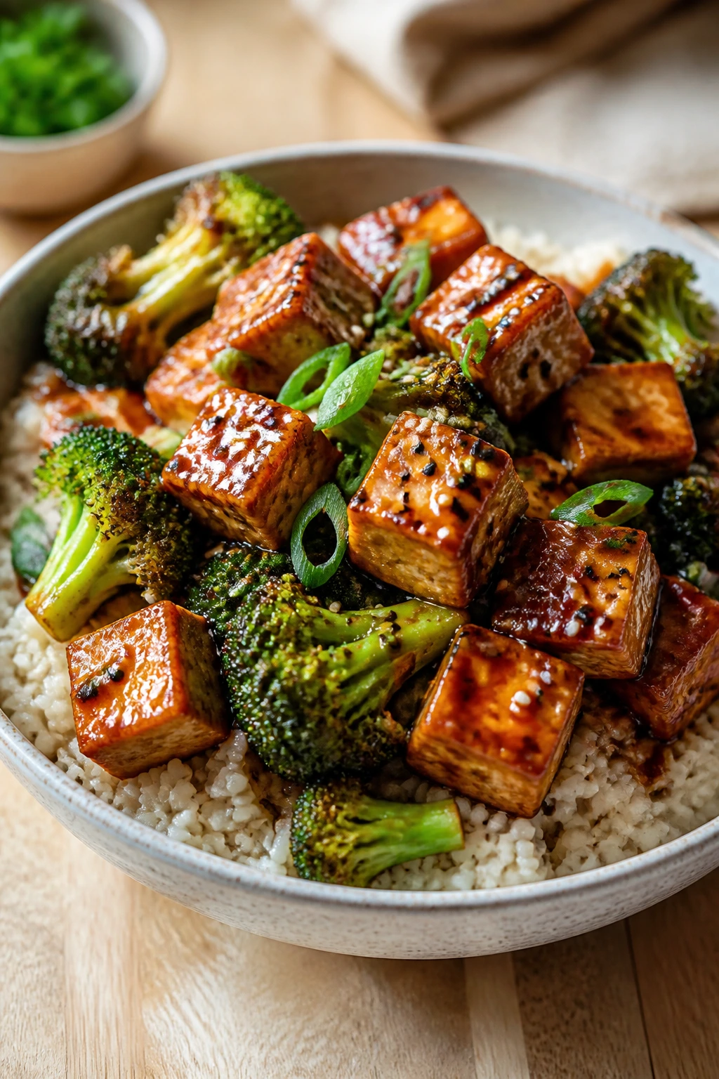 Close-up of broccoli and tofu teriyaki over rice in a bowl