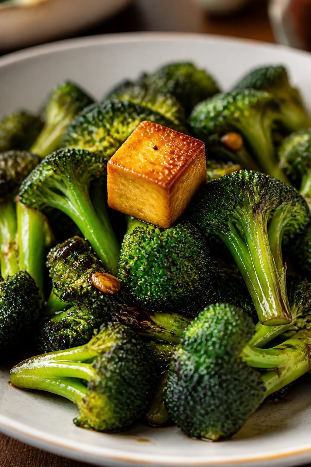Broccoli with tofu variation under glossy sauce.