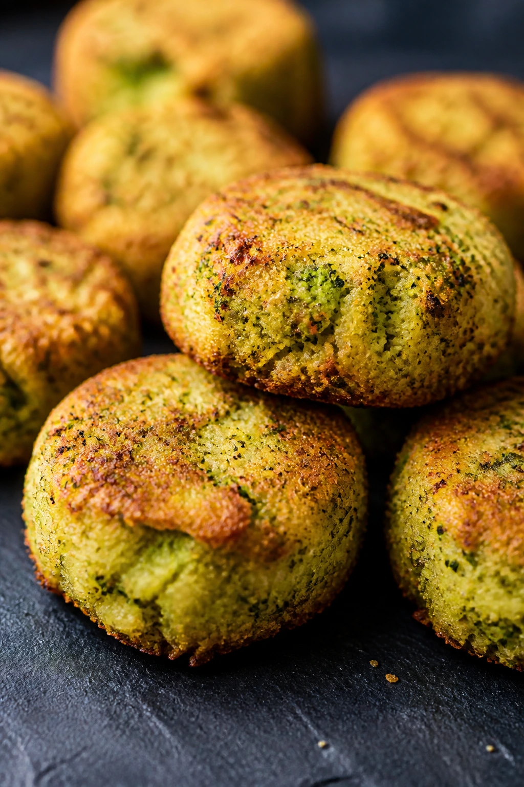 Close-up of broccoli tots with crispy golden exterior on a dark surface