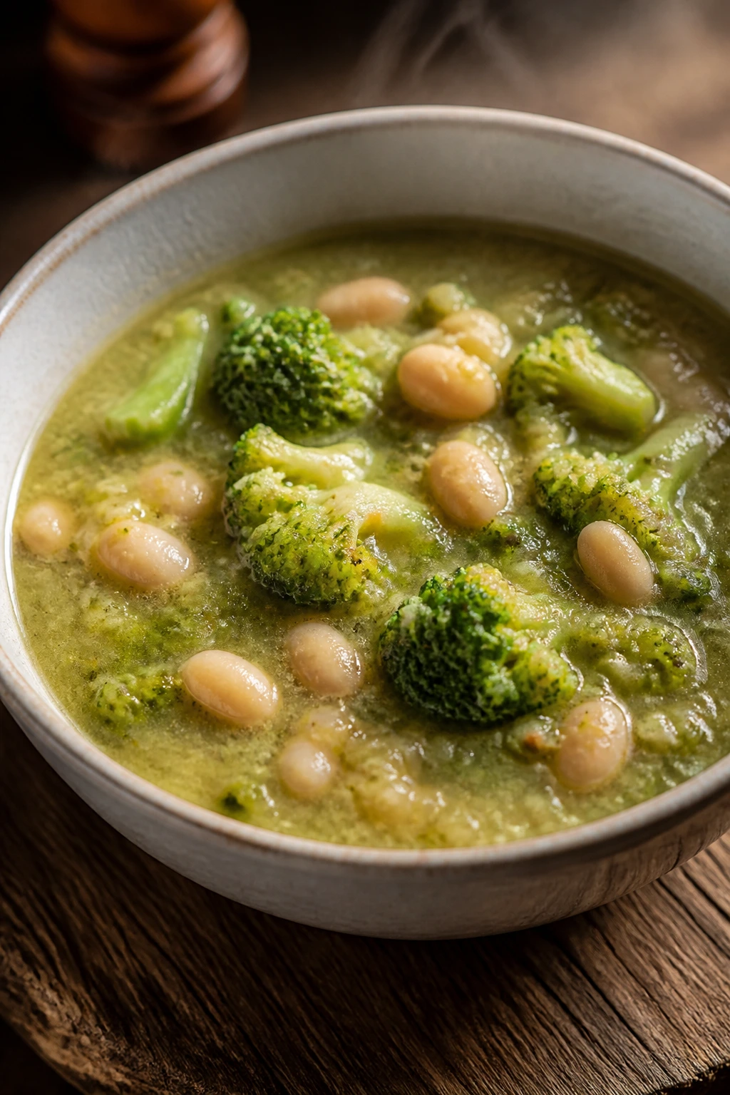 Steaming bowl of broccoli and white bean soup