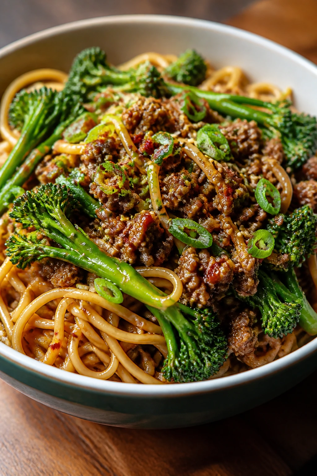 Noodle bowl with beef and broccolini in natural light