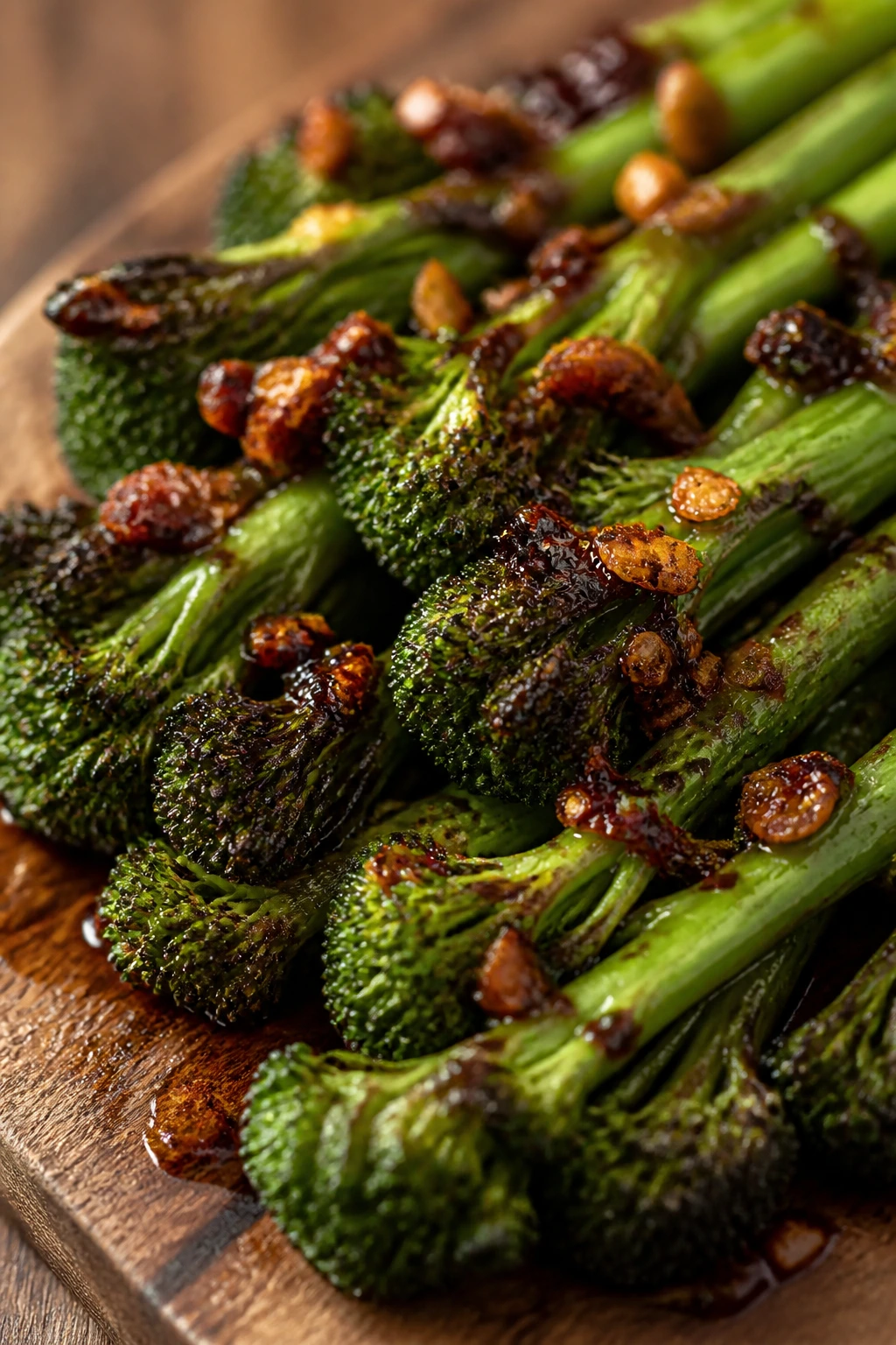 Close-up of broccolini with chili crisp on a wooden board, green stalks with red oil flecks