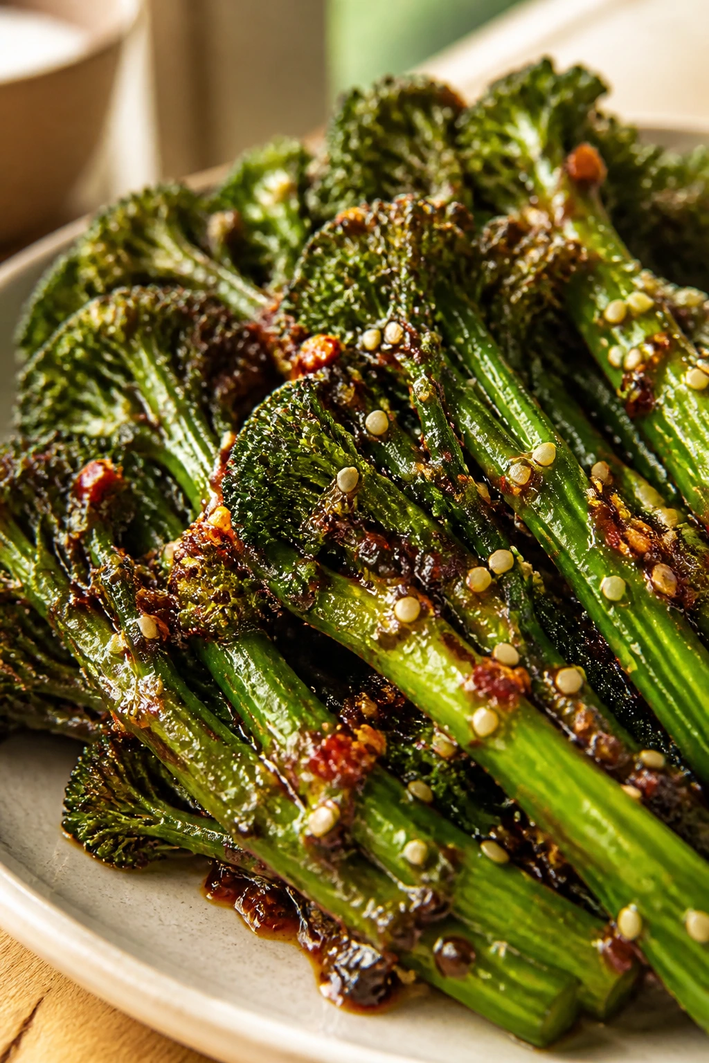 Broccolini with chili crisp coating in a warm kitchen setting
