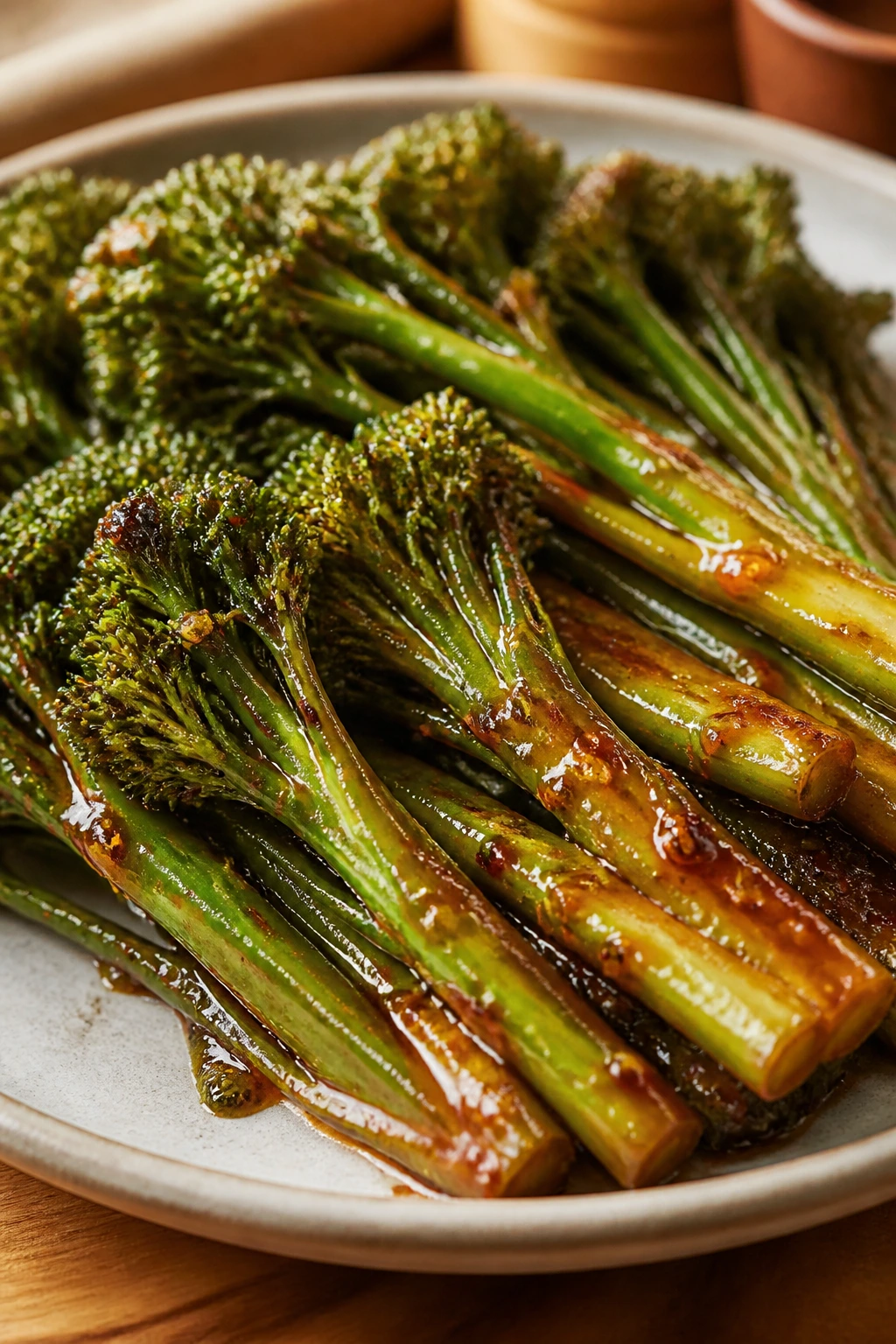 Close-up of broccolini with honey-sriracha glaze on a plate