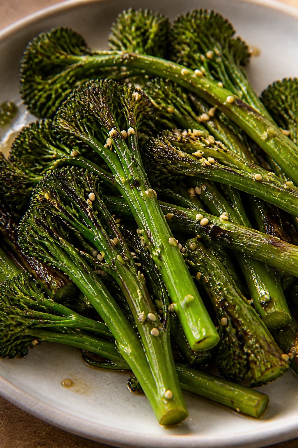 Broccolini with sesame seeds and soy glaze on a plate