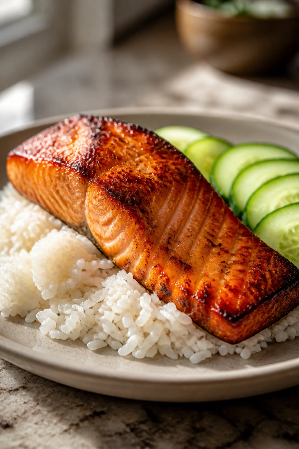 Salmon fillet with rice and cucumber on plate