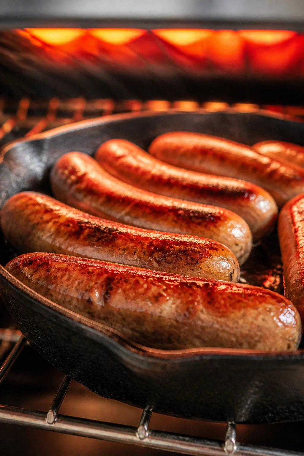 Sausages browning under the broiler in oven
