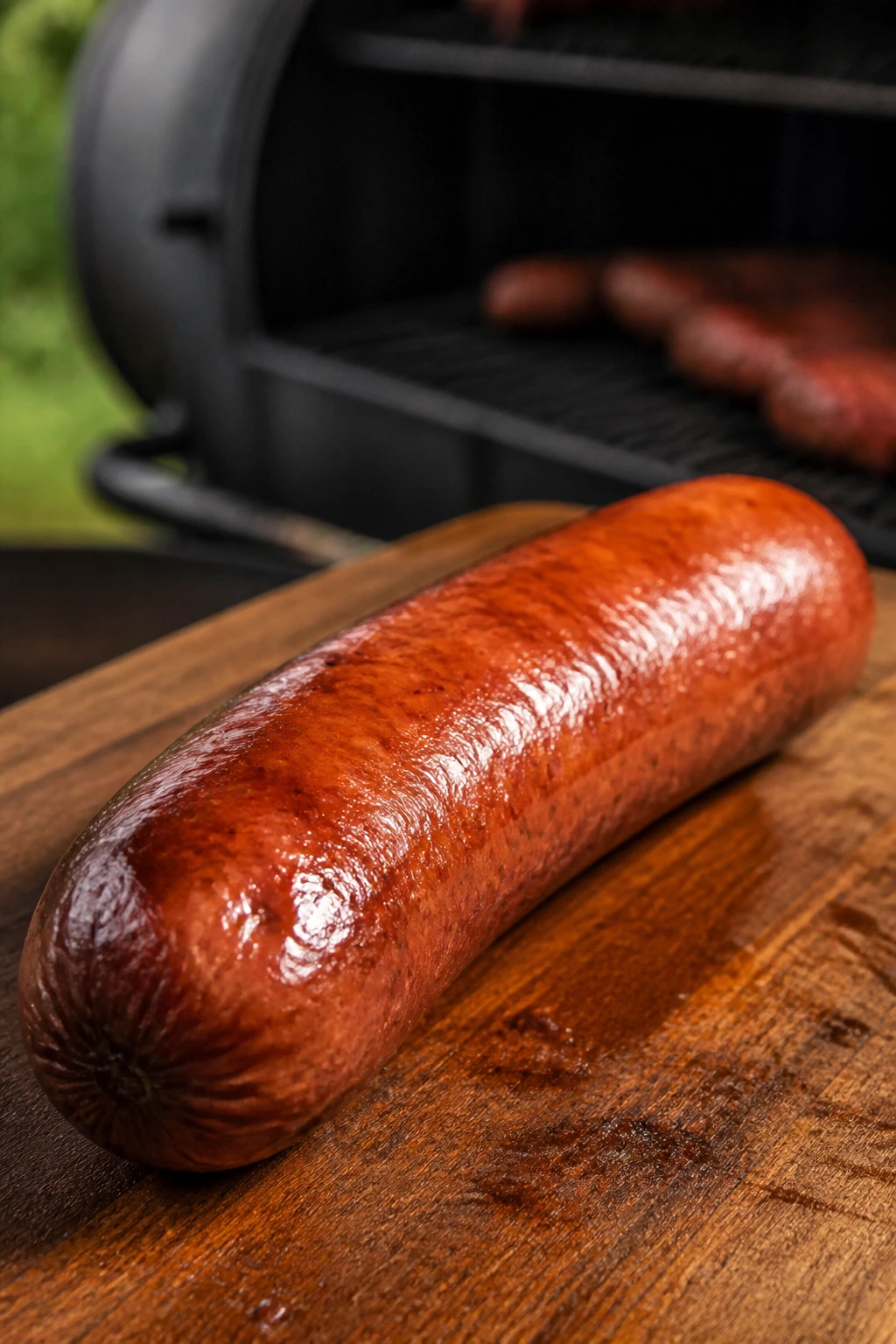 Bronze-colored smoked sausage with glaze on cutting board