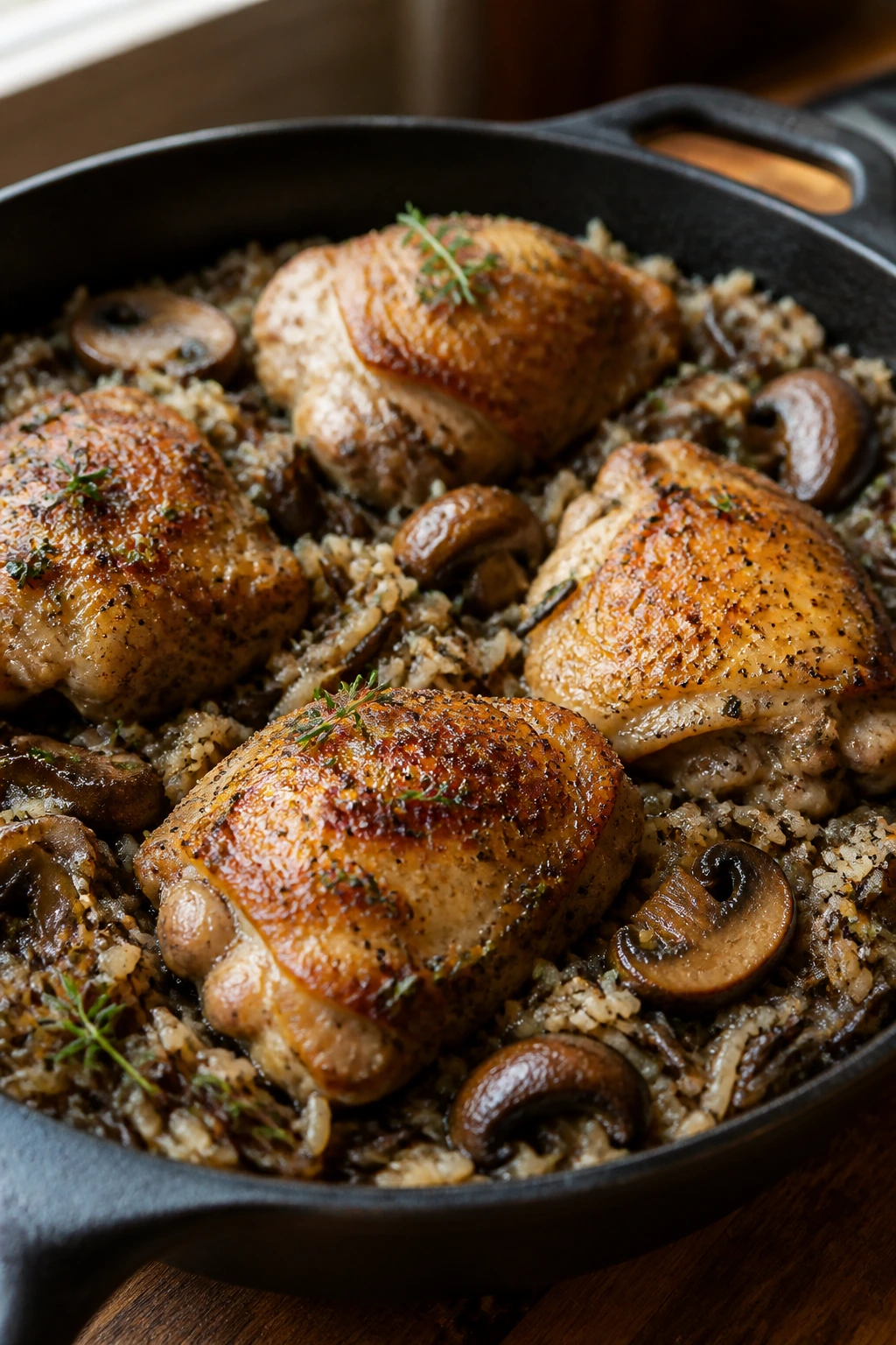 Bronzed roasted chicken thigh atop wild rice with mushrooms in cast iron skillet