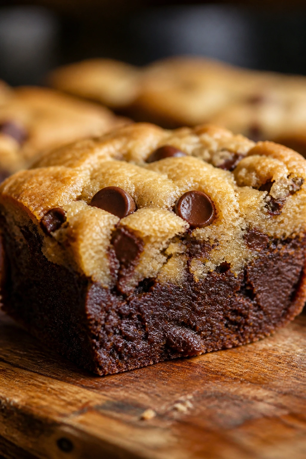 Close-up of brookie brownie square with pale cookie layer over dark brownie, two-tone cross-section.