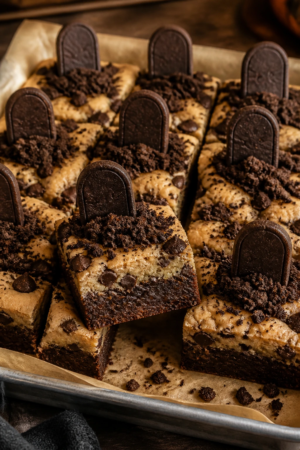 Brookie graveyard bars with cookie dough top and tombstone decorations.