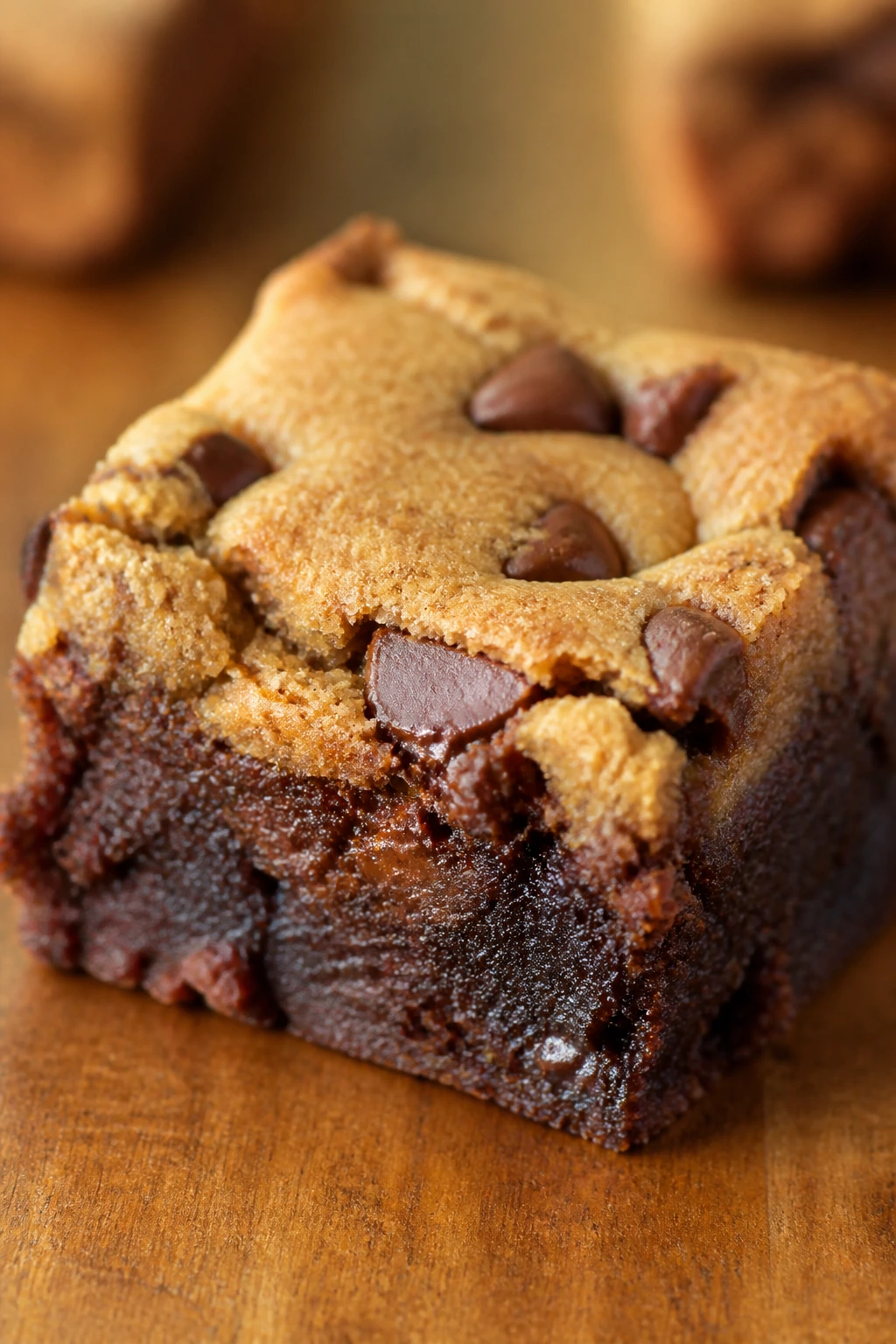 Close-up of a brookie square with brownie and cookie layers on a wooden surface.