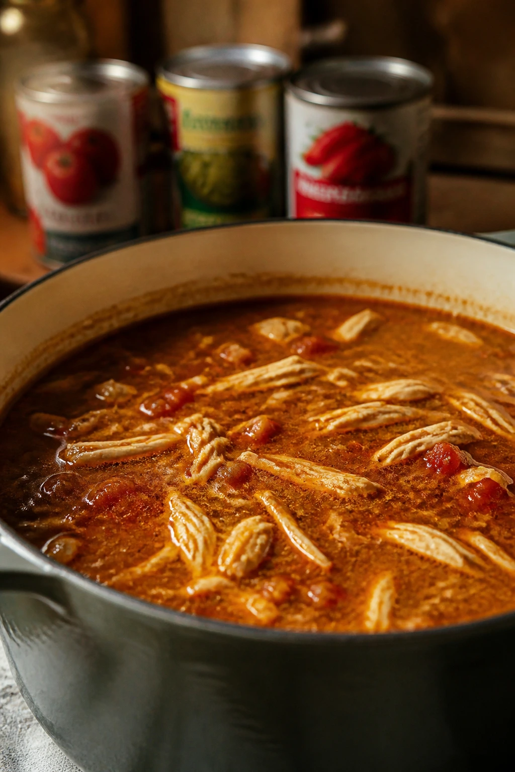 Broth with visible chicken and blurred pantry cans in the background