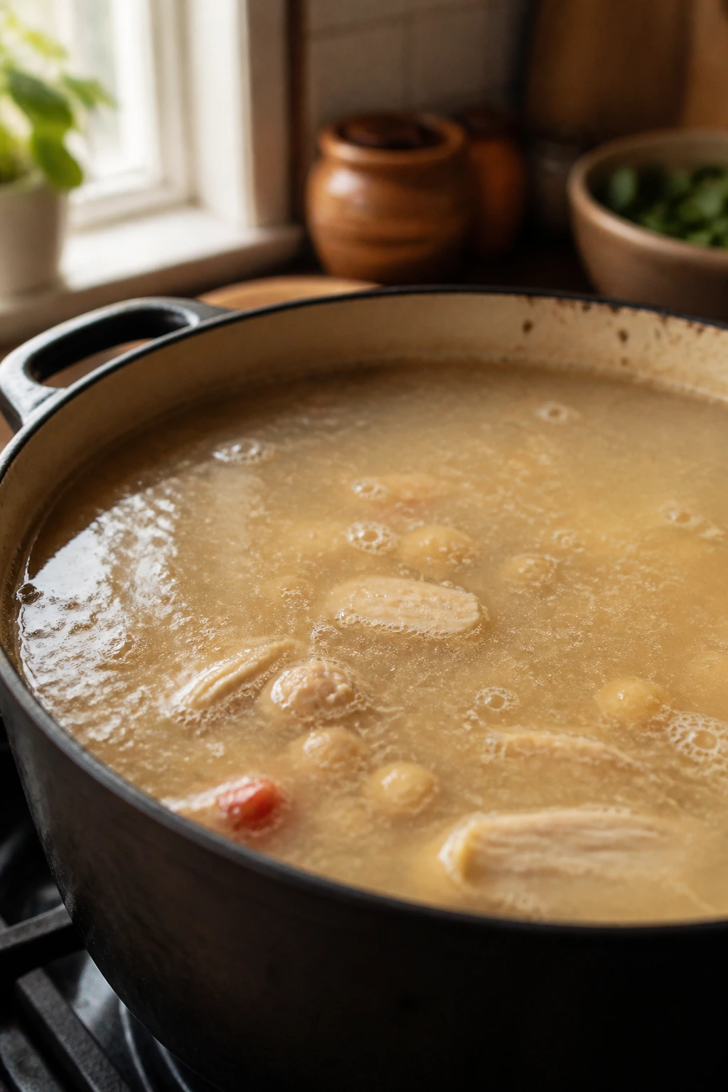 Cloudy, flat-looking broth in a pot, illustrating a common mistake