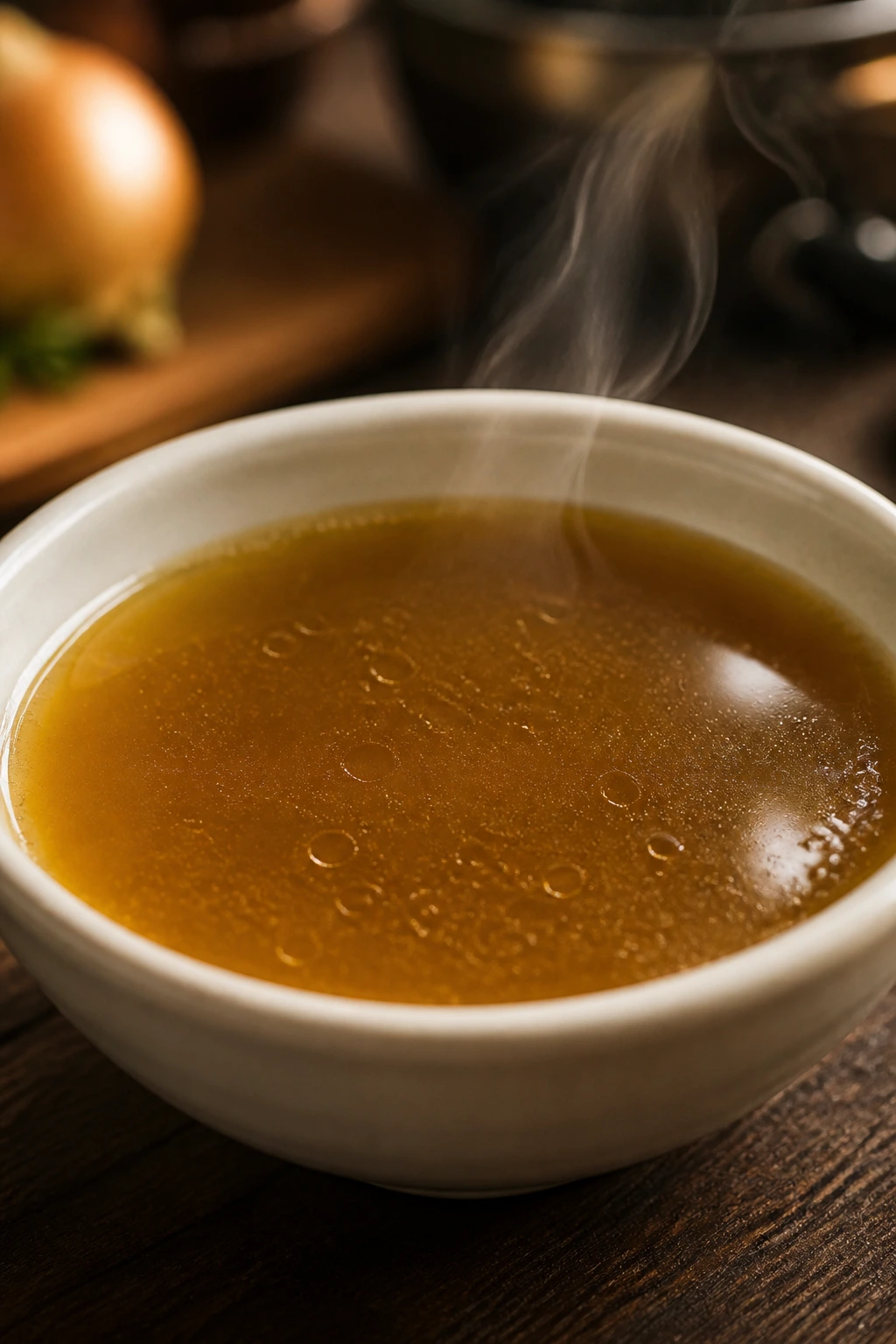 Rich amber broth in a small bowl with steam