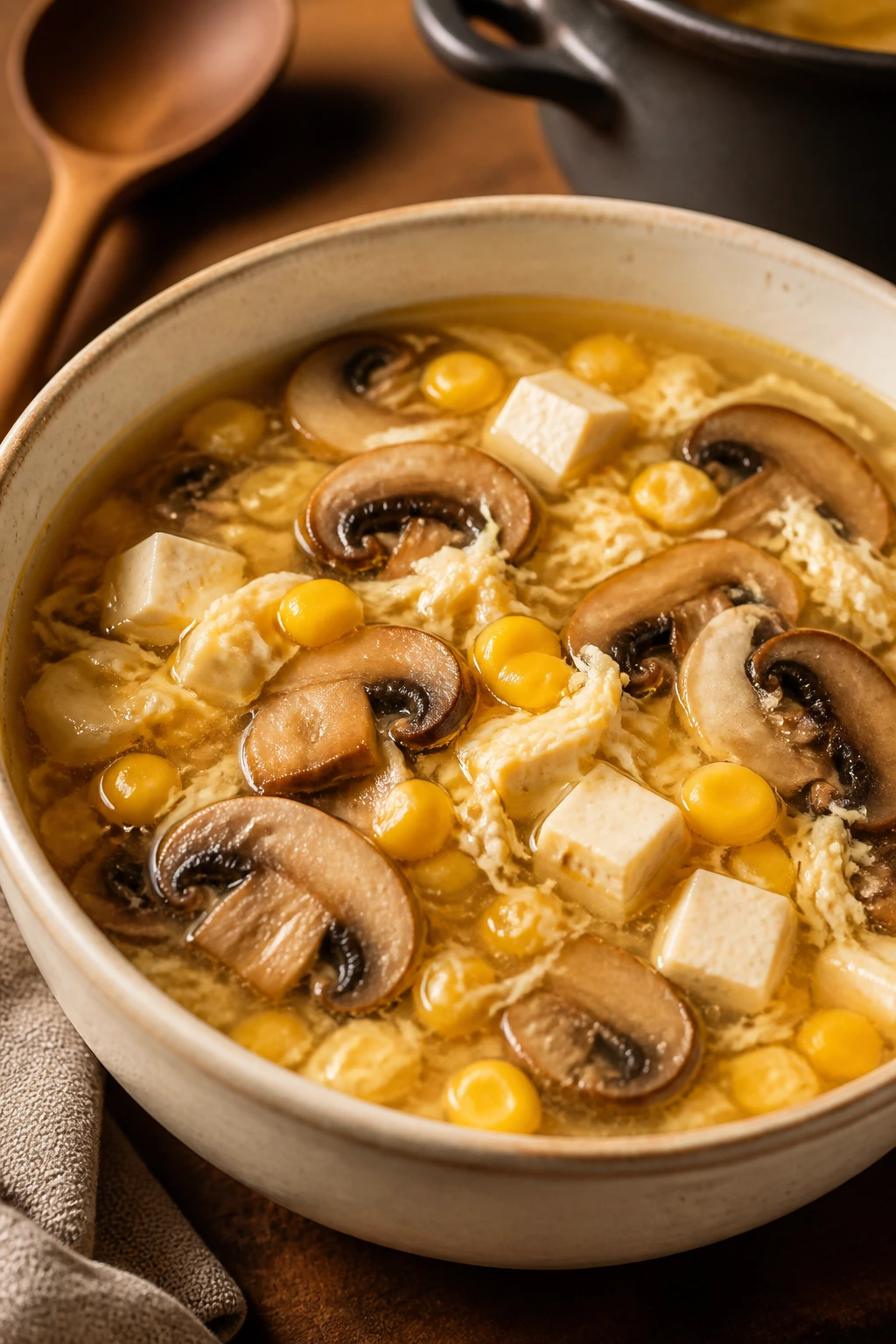 Bowl of broth with mushrooms, tofu, and corn