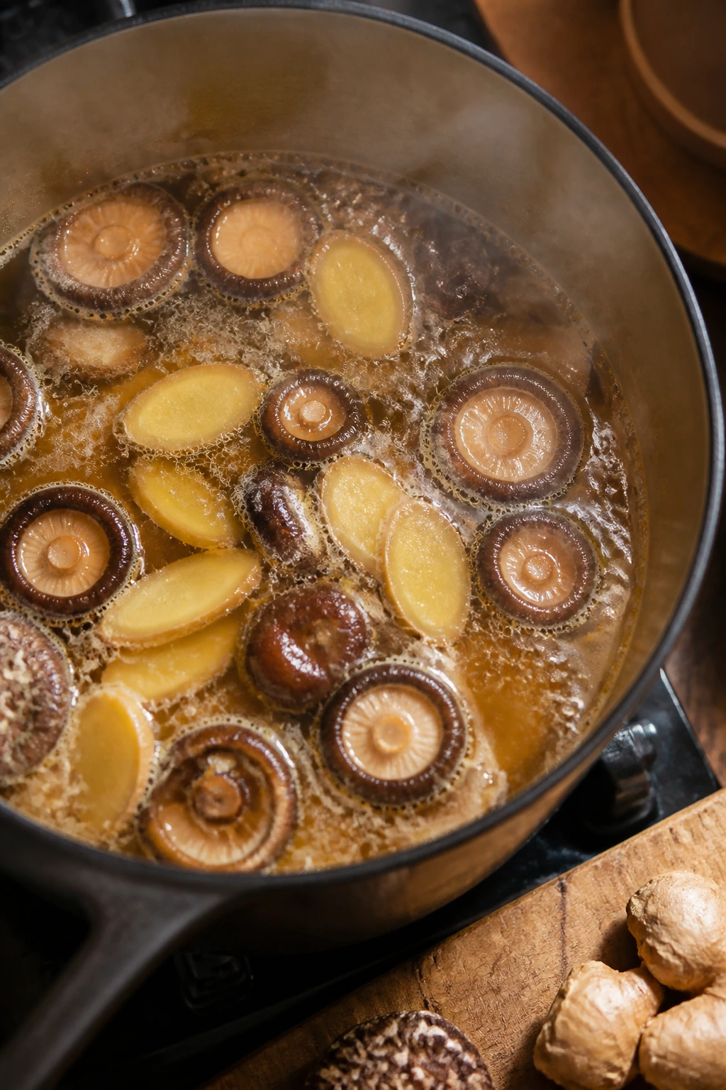 Glossy broth with ginger and shiitake simmering in a pot