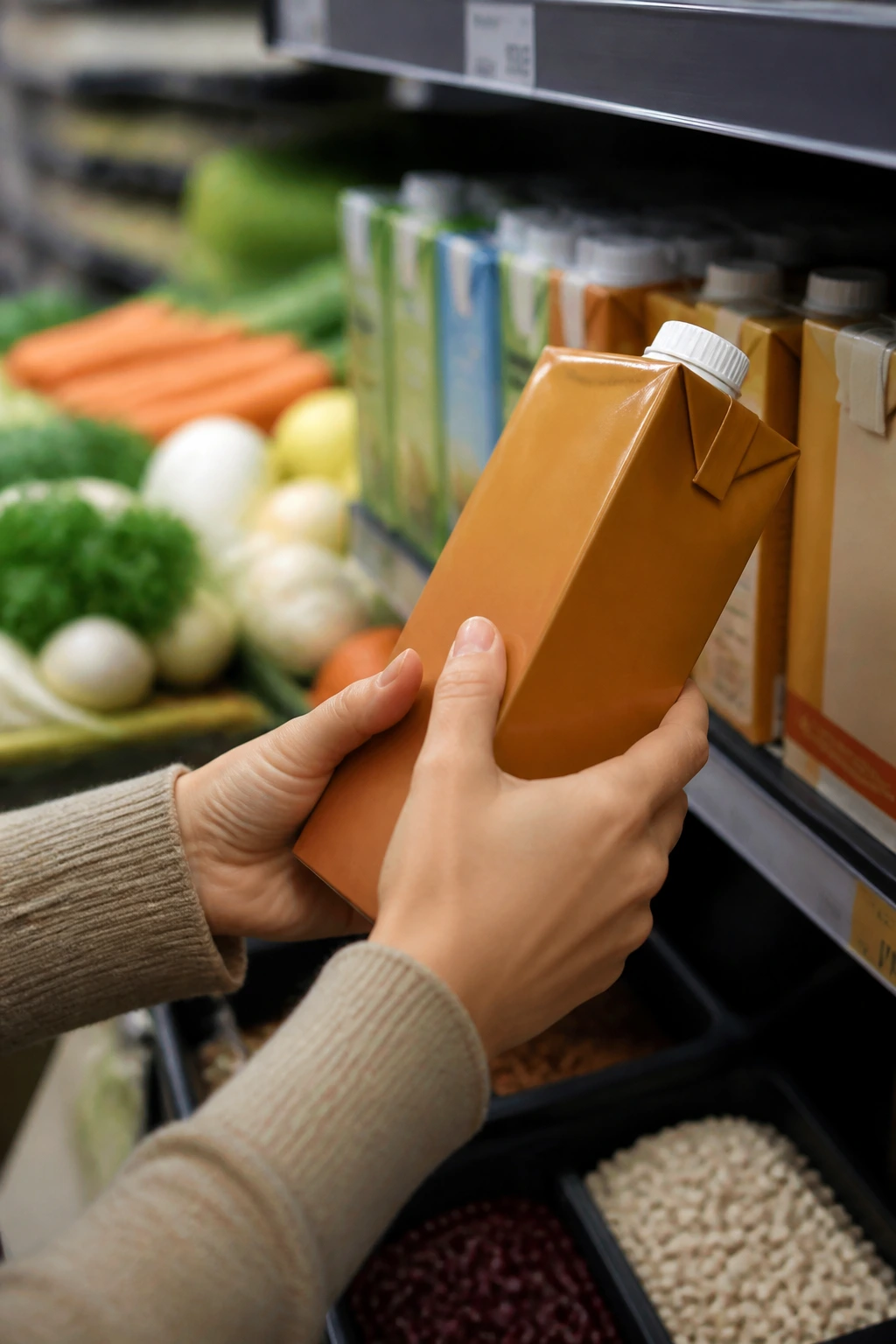 Hands selecting low-sodium broth on grocery shelf