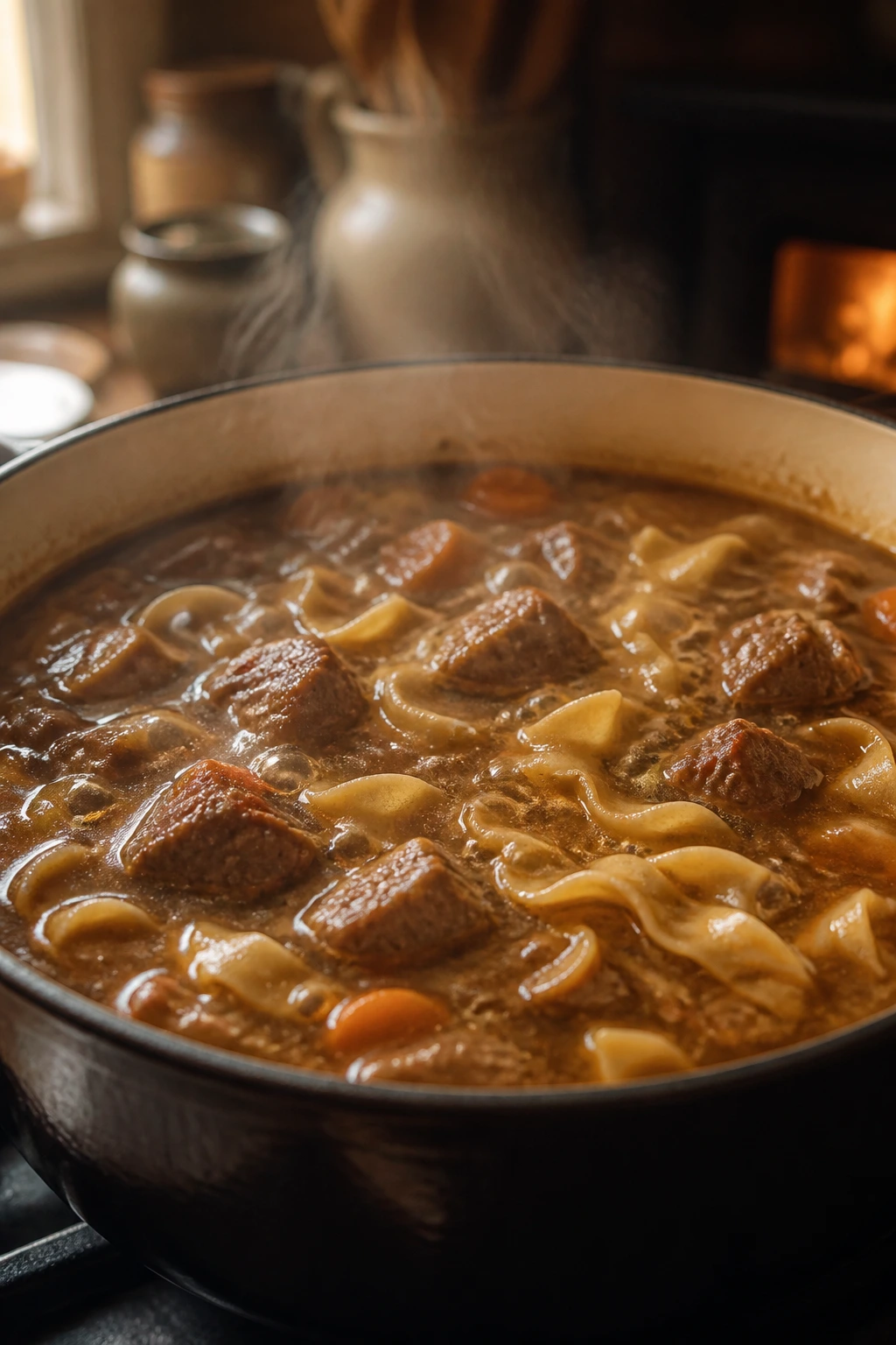 Simmering beef noodle soup with tender beef in broth