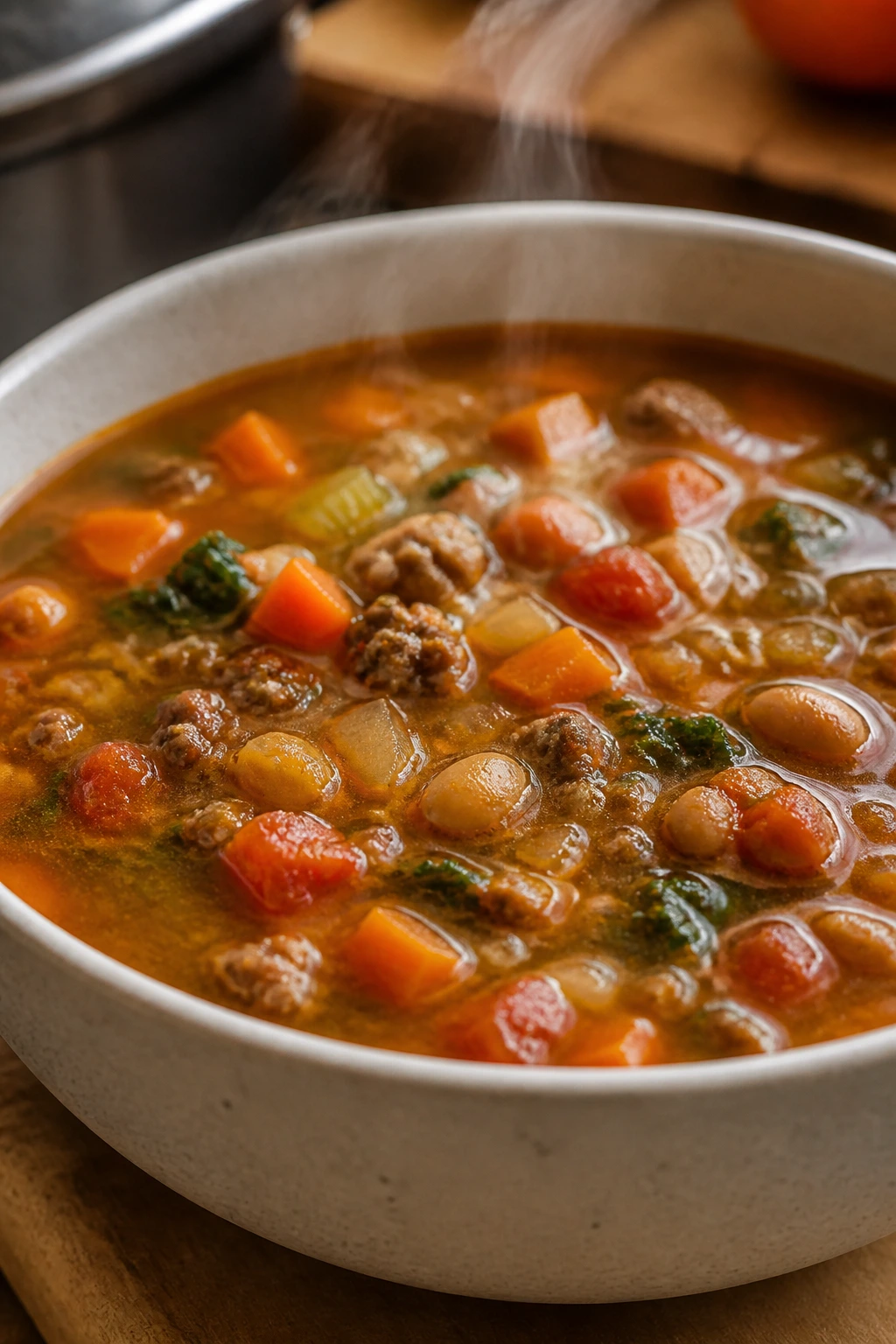 Close-up of soup showing broth-to-solid balance in a bowl