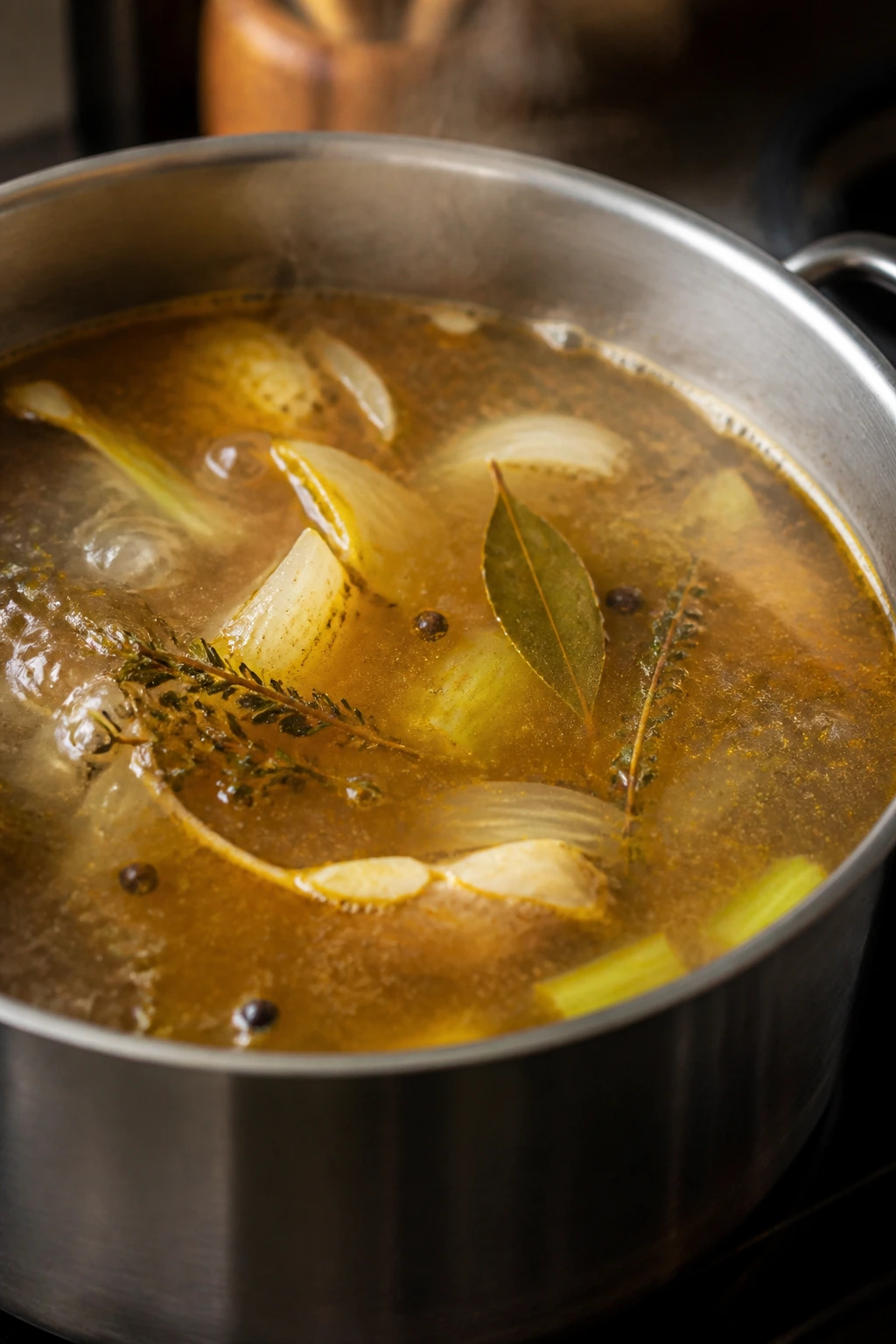 Golden broth simmering in a pot with bubbles